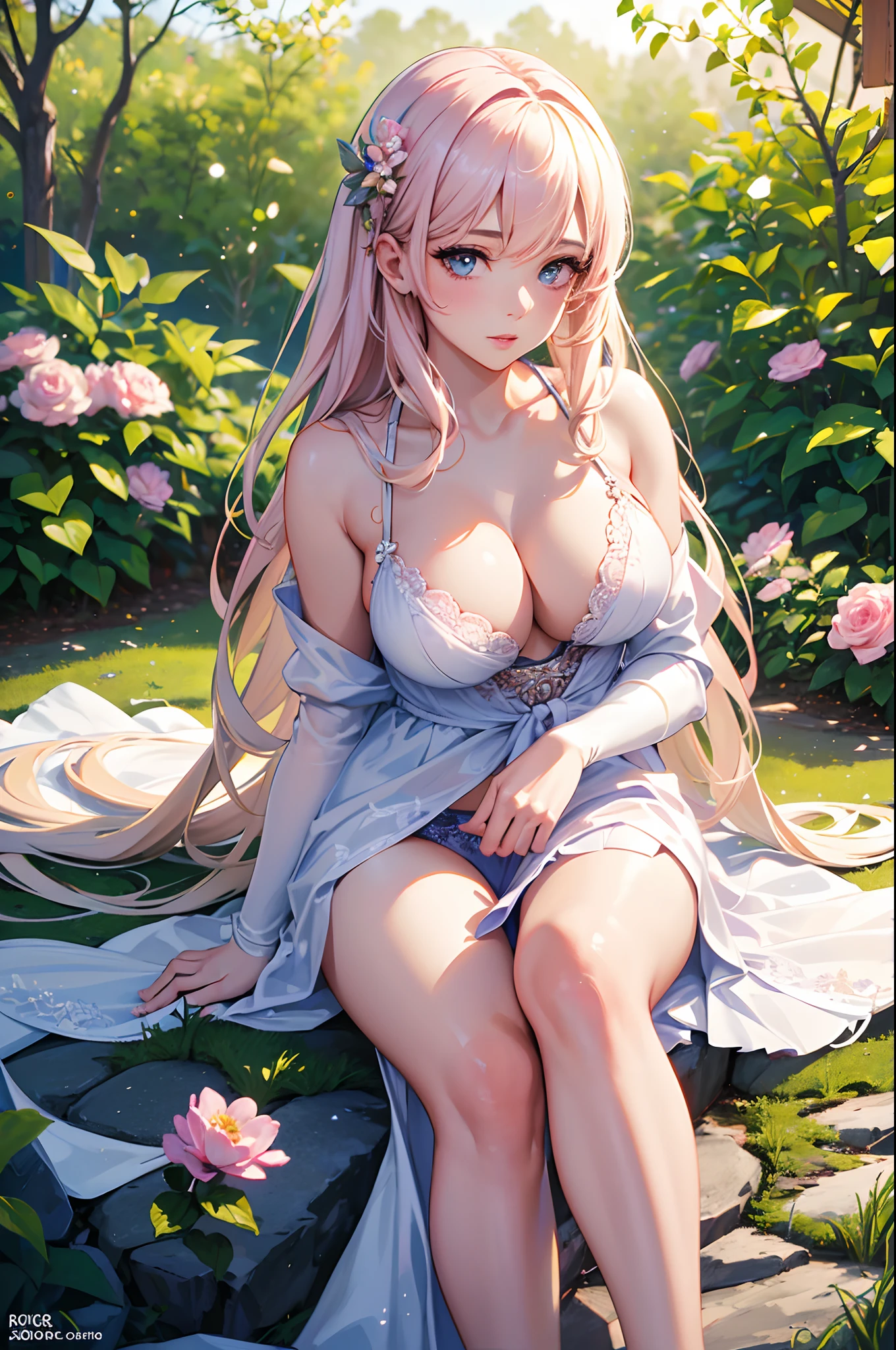 (best quality,4k,8k,highres,masterpiece:1.2),ultra-detailed,(realistic,photorealistic,photo-realistic:1.37),A girl in a garden,beautiful detailed eyes,beautiful detailed lips,extremely detailed eyes and face,longeyelashes,soft pink panties,flawless skin,sensual expression,garden flowers in the background,vivid colors,soft and warm lighting,portraits,bokeh