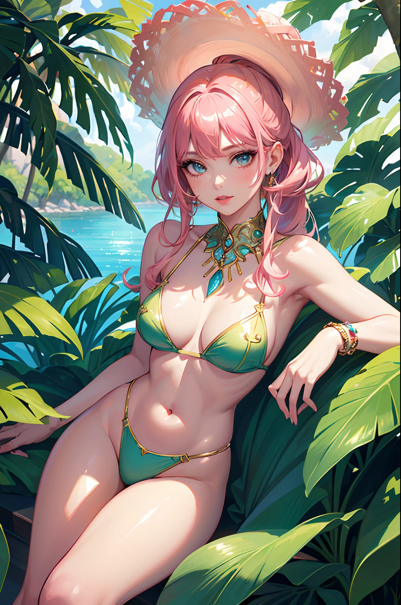 (best quality,4k,8k,highres,masterpiece:1.2),ultra-detailed,(realistic,photorealistic,photo-realistic:1.37), vibrant, (embellished) girl with pink hair wearing a colorful bikini, (stylish and fashionable, trendy) gold jewelry, (long, wavy) hair, stunning makeup with dramatic silver eyeliner(fine line details, intense gaze), long and curled eyelashes, (full red lips, glossy pink lips), (sun-kissed, radiant) skin, accessorized with (colorful) sunglasses and a (matching) straw hat, (confident) pose standing in a tropical garden with (lush, vibrant) green palm trees, (exotic) flowers, and a (clear, glistening) blue pool. The scene is illuminated with (soft, warm) sunlight, creating (playful shadows, a magical atmosphere). The overall style is (a blend of anime and contemporary fashion), with (bold, eye-catching) colors and a touch of (sparkle, glimmer) to add a touch of glamour.