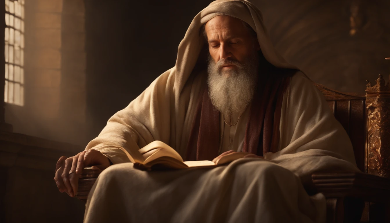 (best quality,ultra-detailed,photorealistic:1.37), Apostle Paul looking at the screen,Long robe,religious scene,sacred atmosphere,divine light,ancient setting,parchment scroll,old writings,serene expression,saintly appearance,solemn atmosphere,holy ambiance,detailed facial features,spiritual enlightenment,faithful devotee,heavenly inspiration,symbolic gestures,wise and gentle presence,divine guidance,religious devotion,a sacred moment,deep contemplation,inspiring revelation,pure and devout faith,spiritual journey.