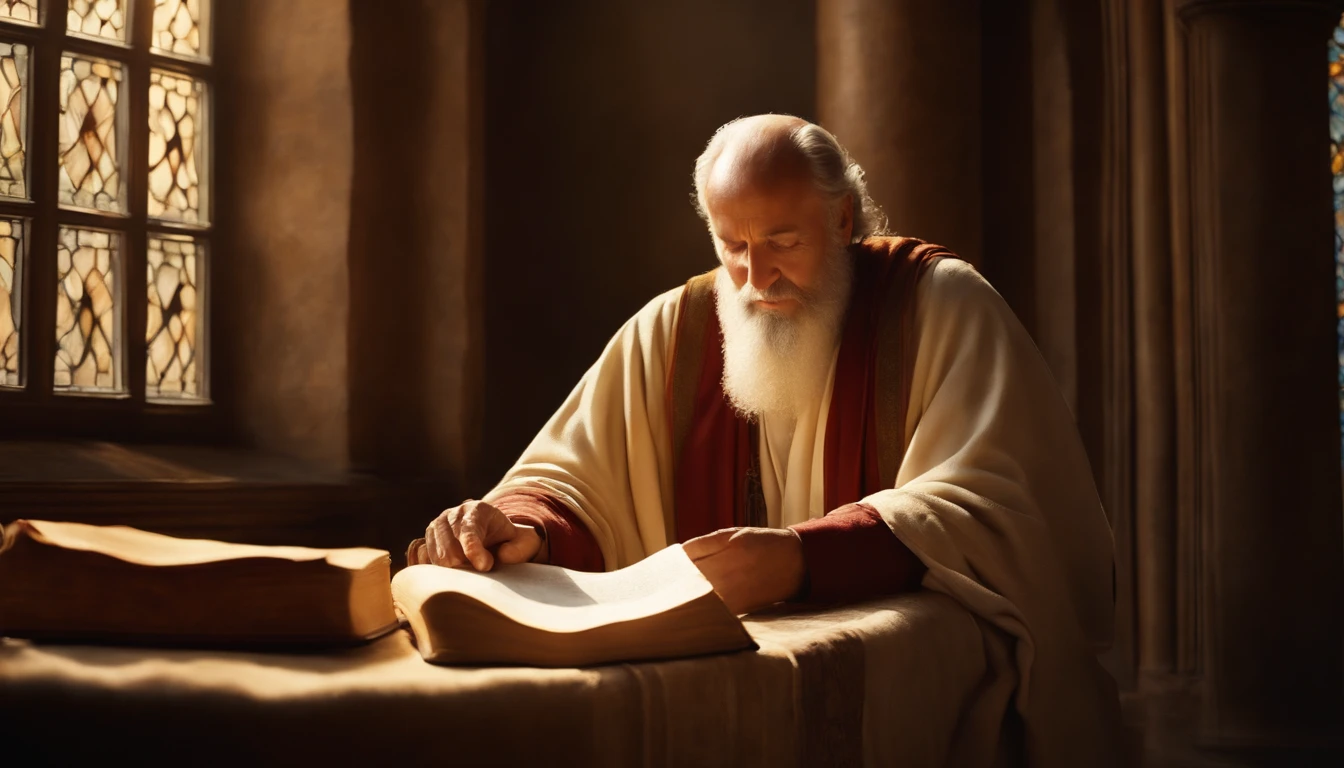 (best quality,ultra-detailed,photorealistic:1.37), Apostle Paul looking at the screen,Long robe,religious scene,sacred atmosphere,divine light,ancient setting,parchment scroll,old writings,serene expression,saintly appearance,solemn atmosphere,holy ambiance,detailed facial features,spiritual enlightenment,faithful devotee,heavenly inspiration,symbolic gestures,wise and gentle presence,divine guidance,religious devotion,a sacred moment,deep contemplation,inspiring revelation,pure and devout faith,spiritual journey.