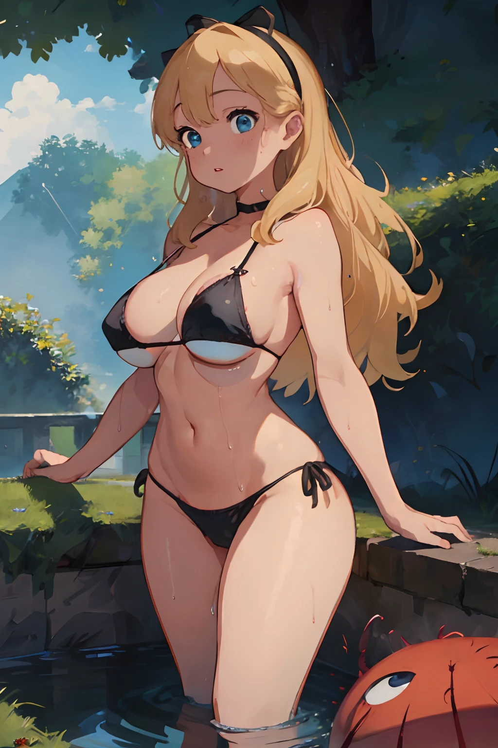 (masterpiece、top-quality;1.3)、ighly detailed、atlibrary、Black Hair Band、Blonde long hair、big breast beauty、The crotch is wet、Orgy、Rape、teats、Opening legs、The bikini、tits out、Red cheeks、tentaculata