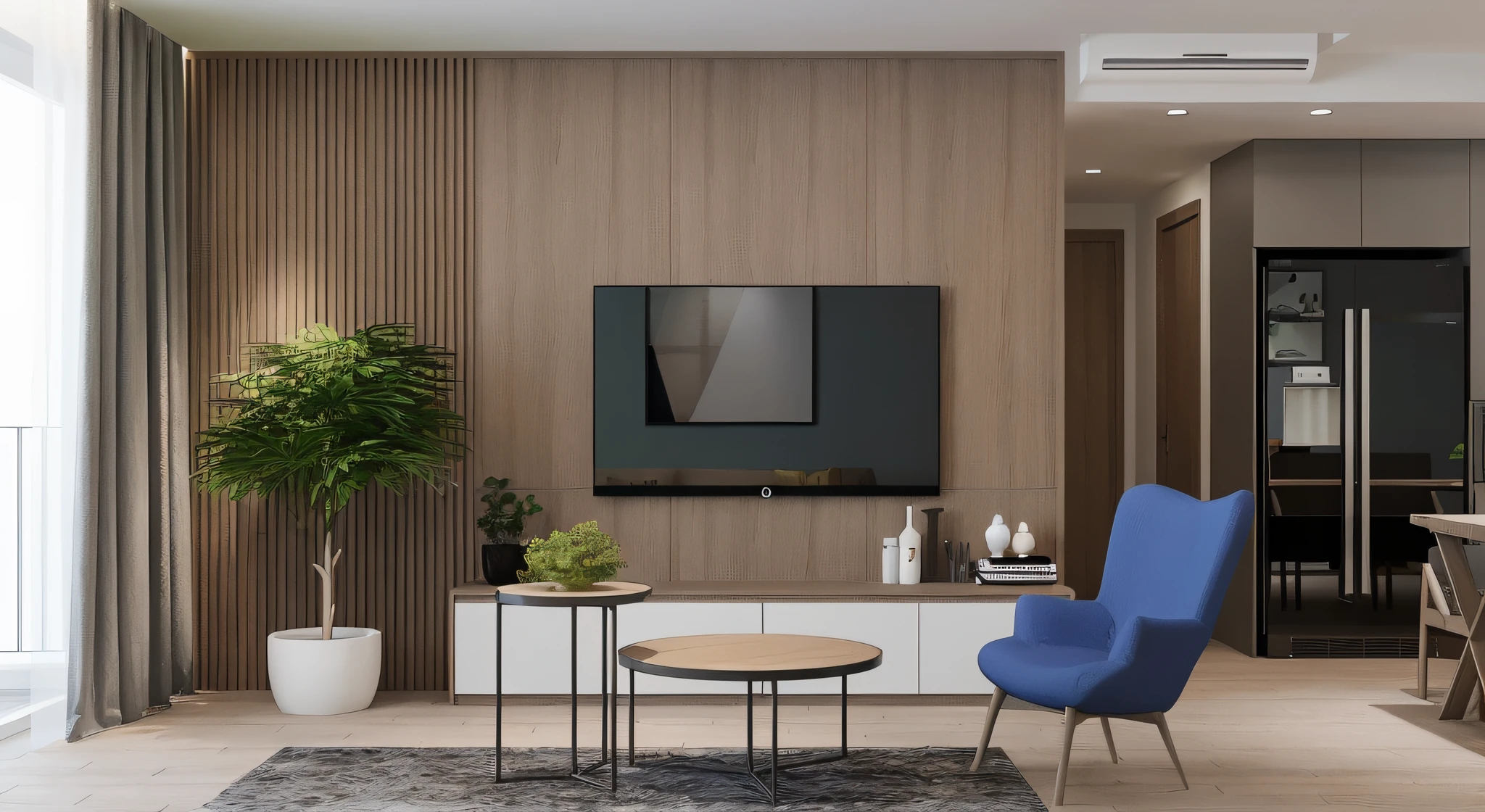 realistic photography, there is a living room with a tv and, modern leather armchair, apartment design, modern and minimalist, simple clean lines, modern minimal design, wood panel walls, low details and clean lines, modern living room, fridge on the right side, wood table top, ((ultra realistic)), smooth spot lighting design, perfect composition, beautiful detailed intricate insanely detailed octane render trending on artstation, 8 k artistic photography, photorealistic concept art, soft natural volumetric cinematic perfect light, chiaroscuro, award – winning photograph, masterpiece, oil on canvas, raphael, caravaggio, greg rutkowski, beeple, beksinski, giger