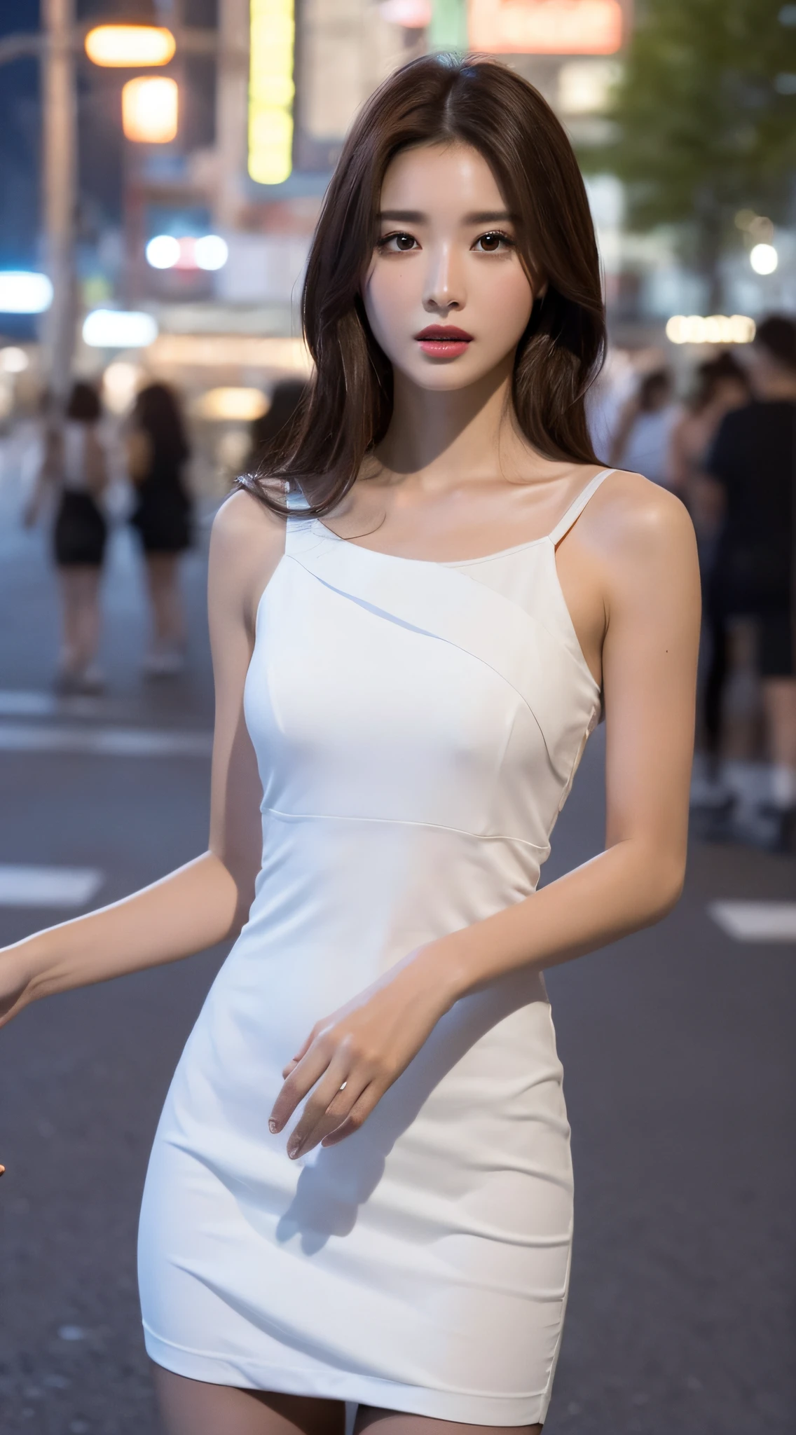 ((Realistic lighting, Best quality, 8K, Masterpiece: 1.3)), Clear focus: 1.2, 1girl, Perfect body beauty: 1.4, Slim abs: 1.1, ((dark brown hair)), (White dress: 1.4), (Outdoor, night: 1.1), City Street, Super Fine Face, Fine Eyes, Double Eyelids, (Over the knee black stockings: 1.5)