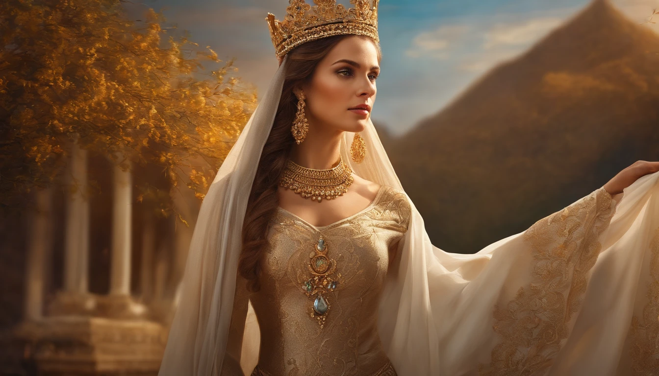 best quality,highres,ultra-detailed,realistic portrait,women in religious attire,Deborah, queen, bible, long flowing dress, powerful gaze, royal crown, golden jewelry, divine light, peaceful background, vibrant colors, oil painting style, detailed facial features, ornate designs on the dress, confident expression, regal posture