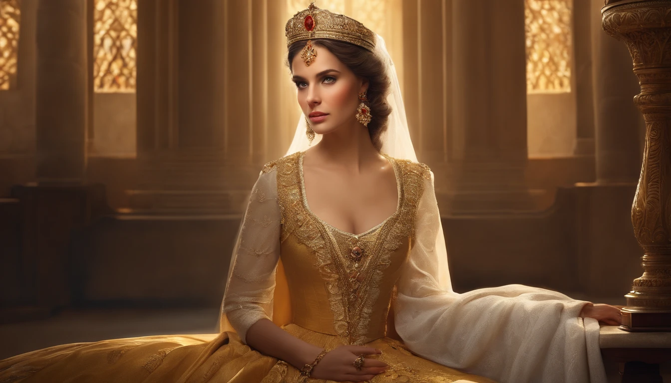 best quality,highres,ultra-detailed,realistic portrait,women in religious attire,Deborah, queen, bible, long flowing dress, powerful gaze, royal crown, golden jewelry, divine light, peaceful background, vibrant colors, oil painting style, detailed facial features, ornate designs on the dress, confident expression, regal posture