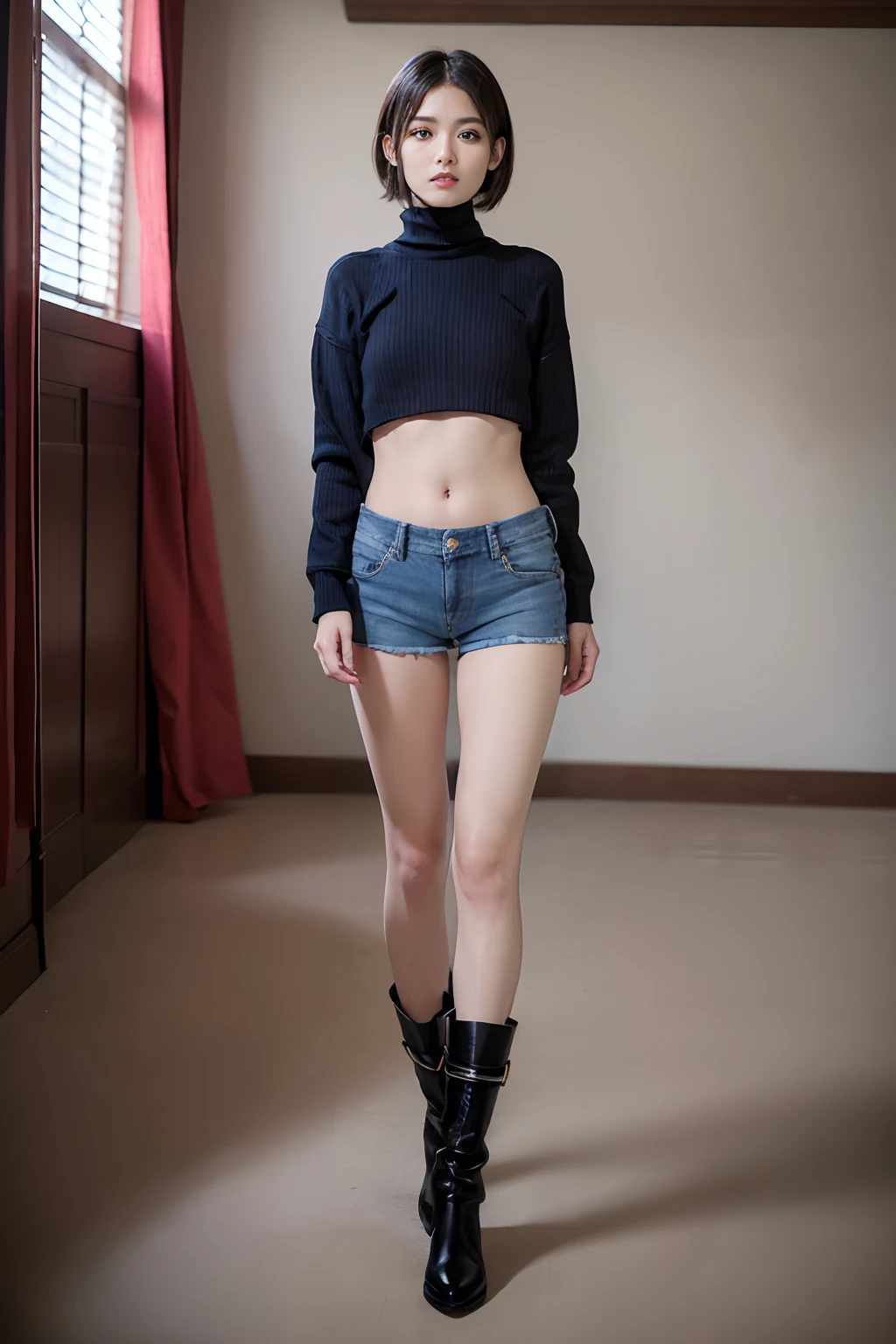 (masuter piece:1.3)、(8K、Photorealsitic、Raw photography、top-quality: 1.4)、(1girl in)、beautiful countenance、(Lifelike face)、(A dark-haired、short-hair)、
Beautiful hairstyle、realisticeyes、Beautiful details、（real looking skin）、Beautiful skins、absurderes、enticing、超A high resolution、A hyper-realistic、high-detail、the golden ratio、
((wide open abdomen))、((open abdomen))、((wide open navel))、((open navel))、((Mid-Riff Sweater))、((Ultra-low rise、Denim shorts))、
((Navel Ejection))、((small hips))、((long limbs))、((Full body depiction))、((small  hip))、(boots)、((Ultra-low rise))、((Denim shorts))、
((is standing))、