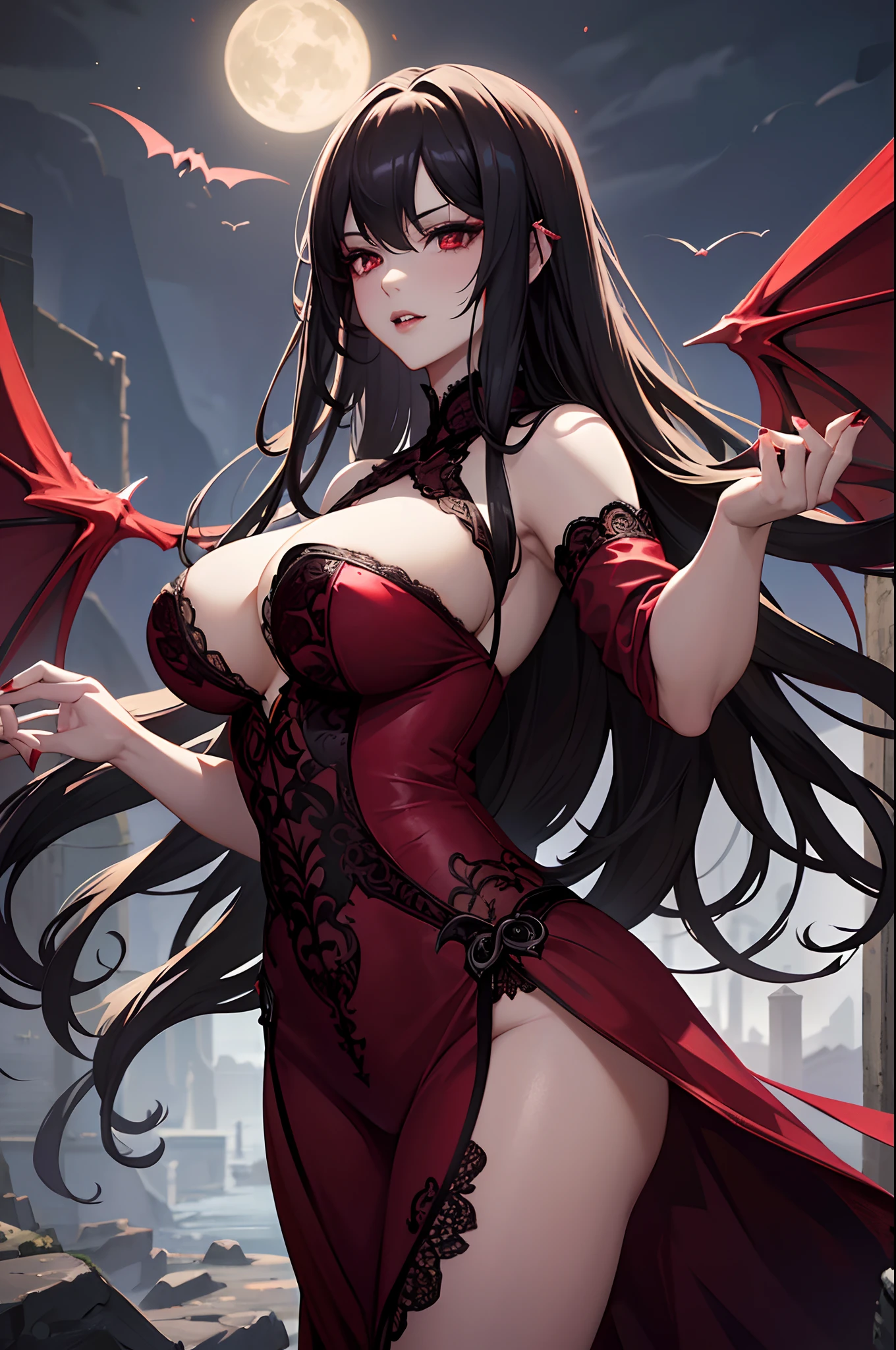 (best quality,4k,8k,highres,masterpiece:1.2),ultra-detailed,realistic,vampire in sexy lingerie,dark, seductive,red and black color scheme,glamorous pose,long wavy hair, piercing eyes, voluptuous lips,sharp fangs,translucent wings,gothic atmosphere,full moon in the background,sensuous lighting,imposing presence,enchanted forest,exquisite lace details,alluring gaze,ethereal beauty,nighttime setting,mysterious aura,temptation and desire,long nails with red polish,tempting curves,hauntingly beautiful,provocative lingerie,faint mist,gorgeous silhouette,emotions running wild