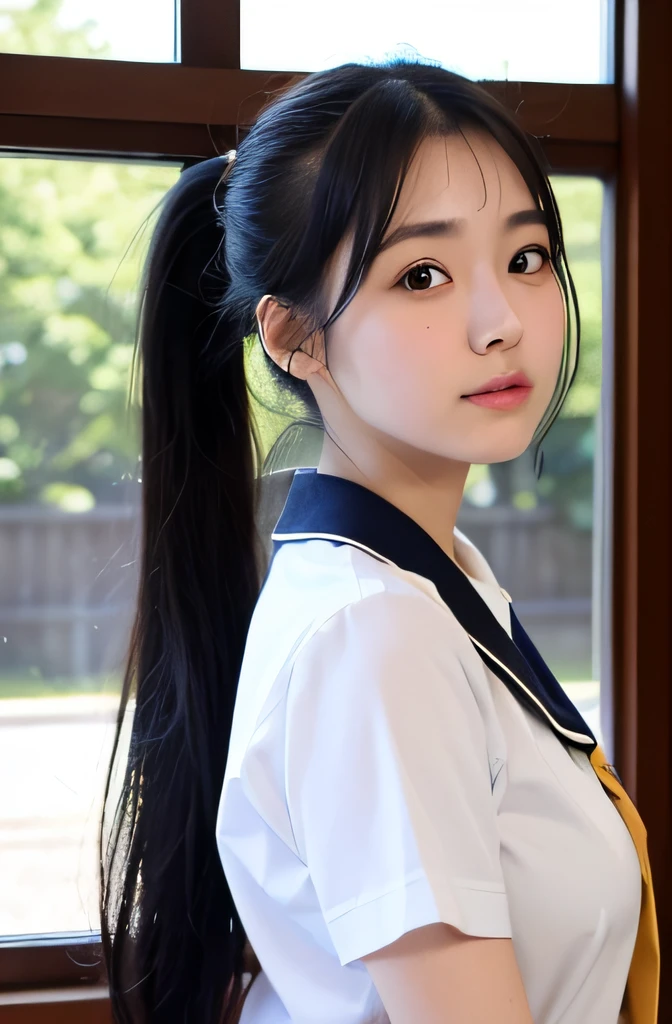 Ultra-high quality 8K,4k,Japan woman posing in front of window,(Beautie),(Cute droopy eyes), Cute Schoolgirl, (Ponytail with black hair), Looking from behind, of a schoolgirl posing, japanese girl school uniform,,(vaginal),(full bodyesbian)
