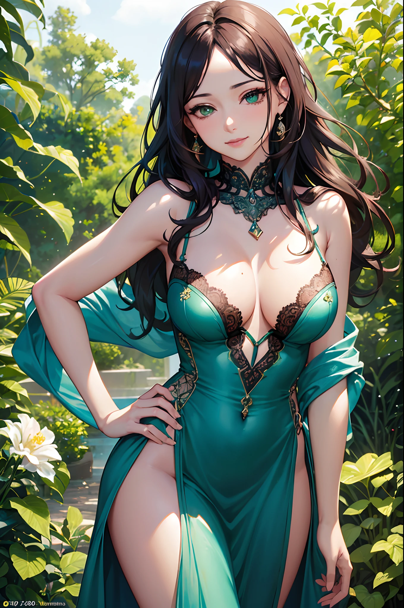 (best quality,4k,8k,highres,masterpiece:1.2),ultra-detailed,(realistic,photorealistic,photo-realistic:1.37),namifrom One Piece in lingerie,illustration,delicate lace,sexy poses,seductive expressions,detailed tattoo on arm,emerald green eyes,long wavy black hair,smooth and flawless skin,feminine silhouette,radiant lighting,soft color palette,vibrant colors,lush garden background,fragrant flowers,butterflies fluttering,teasing smile,confident posture,alluring gaze, playful atmosphere