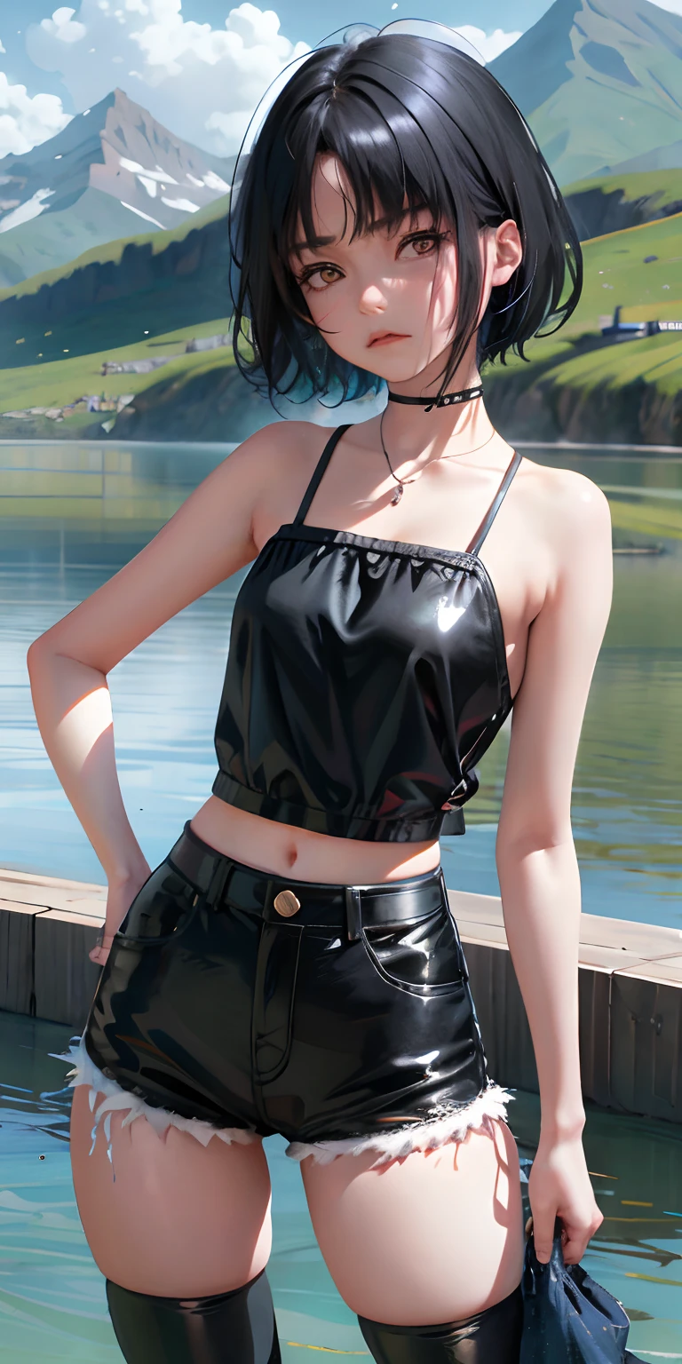 1girll, sanae_tsukimoto, Black hair, Short hair, Black eyes, Forehead, hot pant, camisole,scowling,Mountain, River