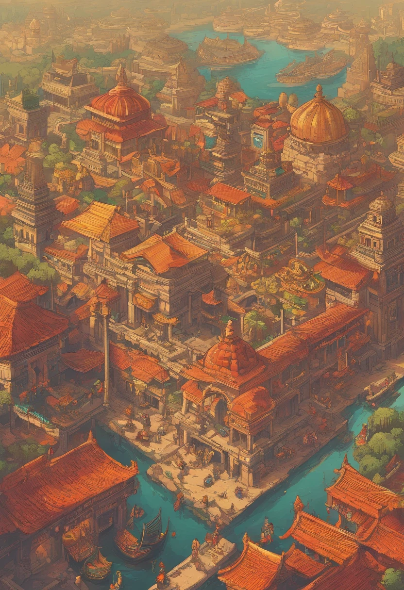 an aerial view of old Indian cities, showcasing their unique architecture and rich cultural heritage, capturing the essence of each city's history and traditions, with vibrant colors that bring the scenes to life, emphasizing the intricate details of the buildings, temples, and palaces, capturing the bustling streets and marketplaces filled with people and stalls, a juxtaposition of ancient and modern elements, with a soft golden light reflecting the rich heritage, giving a sense of timelessness and grandeur, painting a picturesque landscape from a bird's eye view, masterfully blending traditional and contemporary art styles to create a captivating visual experience, with the utmost attention to detail to ensure an ultra-realistic and visually stunning representation, highlighting the diversity and beauty of each city, transforming the aerial view into an awe-inspiring masterpiece. (best quality, 4k, highres, realistic:1.37), ancient architecture, vibrant colors, bustling streets, traditional and contemporary fusion, soft golden light, grandeur, picturesque landscape, attention to detail, diversity and beauty, awe-inspiring.
