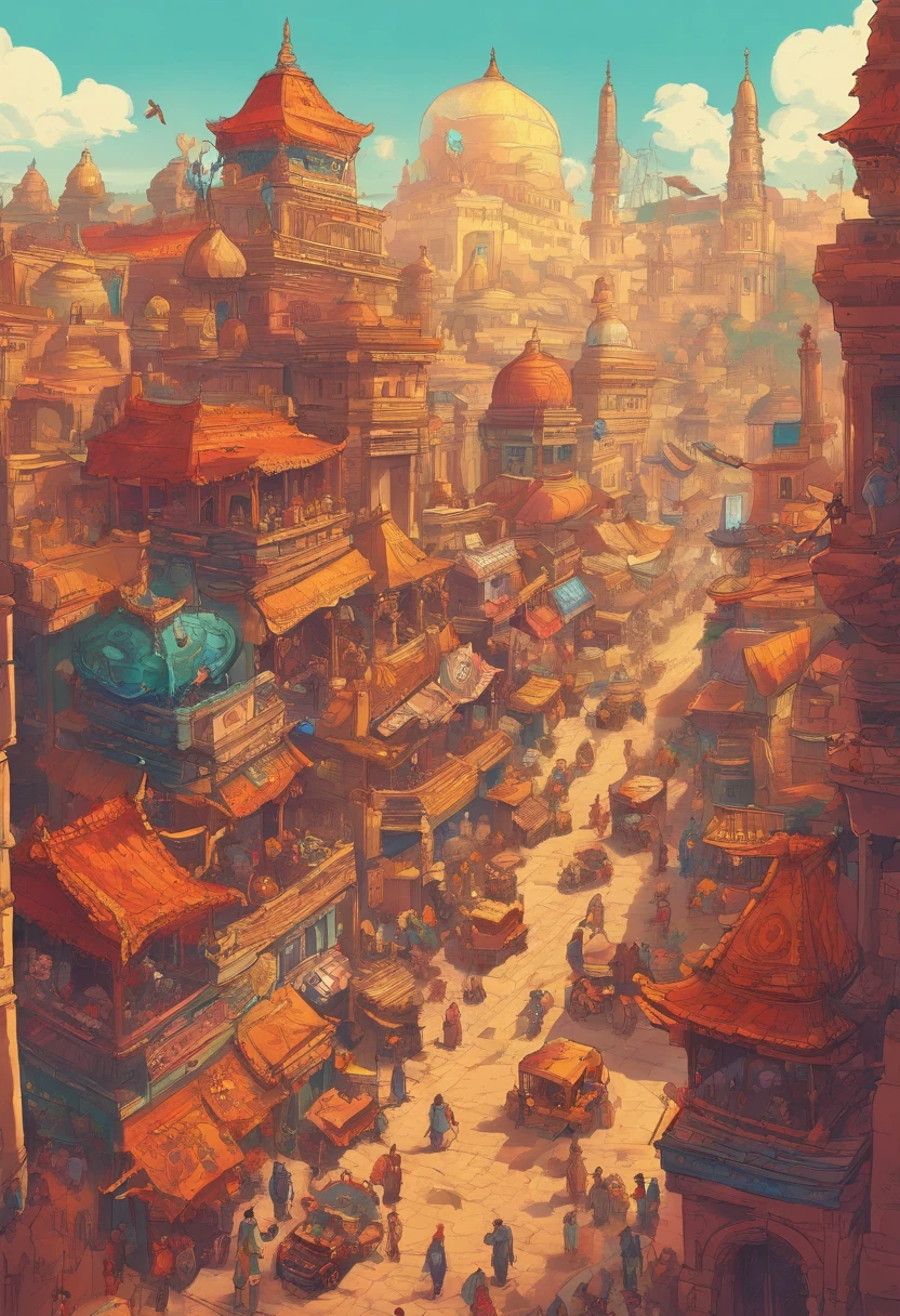 an aerial view of old Indian cities, showcasing their unique architecture and rich cultural heritage, capturing the essence of each city's history and traditions, with vibrant colors that bring the scenes to life, emphasizing the intricate details of the buildings, temples, and palaces, capturing the bustling streets and marketplaces filled with people and stalls, a juxtaposition of ancient and modern elements, with a soft golden light reflecting the rich heritage, giving a sense of timelessness and grandeur, painting a picturesque landscape from a bird's eye view, masterfully blending traditional and contemporary art styles to create a captivating visual experience, with the utmost attention to detail to ensure an ultra-realistic and visually stunning representation, highlighting the diversity and beauty of each city, transforming the aerial view into an awe-inspiring masterpiece. (best quality, 4k, highres, realistic:1.37), ancient architecture, vibrant colors, bustling streets, traditional and contemporary fusion, soft golden light, grandeur, picturesque landscape, attention to detail, diversity and beauty, awe-inspiring.