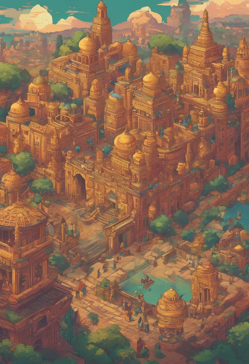 an aerial view of old Indian cities, showcasing their unique architecture and rich cultural heritage, capturing the essence of each city's history and traditions, with vibrant colors that bring the scenes to life, emphasizing the intricate details of the buildings, temples, and palaces, capturing the bustling streets and marketplaces filled with people and stalls, a juxtaposition of ancient and modern elements, with a soft golden light reflecting the rich heritage, giving a sense of timelessness and grandeur, painting a picturesque landscape from a bird's eye view, masterfully blending traditional and contemporary art styles to create a captivating visual experience, with the utmost attention to detail to ensure an ultra-realistic and visually stunning representation, highlighting the diversity and beauty of each city, transforming the aerial view into an awe-inspiring masterpiece. (best quality, 4k, highres, realistic:1.37), ancient architecture, vibrant colors, bustling streets, traditional and contemporary fusion, soft golden light, grandeur, picturesque landscape, attention to detail, diversity and beauty, awe-inspiring.