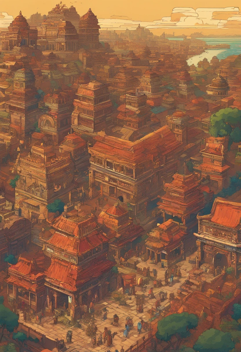 an aerial view of old Indian cities, showcasing their unique architecture and rich cultural heritage, capturing the essence of each city's history and traditions, with vibrant colors that bring the scenes to life, emphasizing the intricate details of the buildings, temples, and palaces, capturing the bustling streets and marketplaces filled with people and stalls, a juxtaposition of ancient and modern elements, with a soft golden light reflecting the rich heritage, giving a sense of timelessness and grandeur, painting a picturesque landscape from a bird's eye view, masterfully blending traditional and contemporary art styles to create a captivating visual experience, with the utmost attention to detail to ensure an ultra-realistic and visually stunning representation, highlighting the diversity and beauty of each city, transforming the aerial view into an awe-inspiring masterpiece. (best quality, 4k, highres, realistic:1.37), ancient architecture, vibrant colors, bustling streets, traditional and contemporary fusion, soft golden light, grandeur, picturesque landscape, attention to detail, diversity and beauty, awe-inspiring.