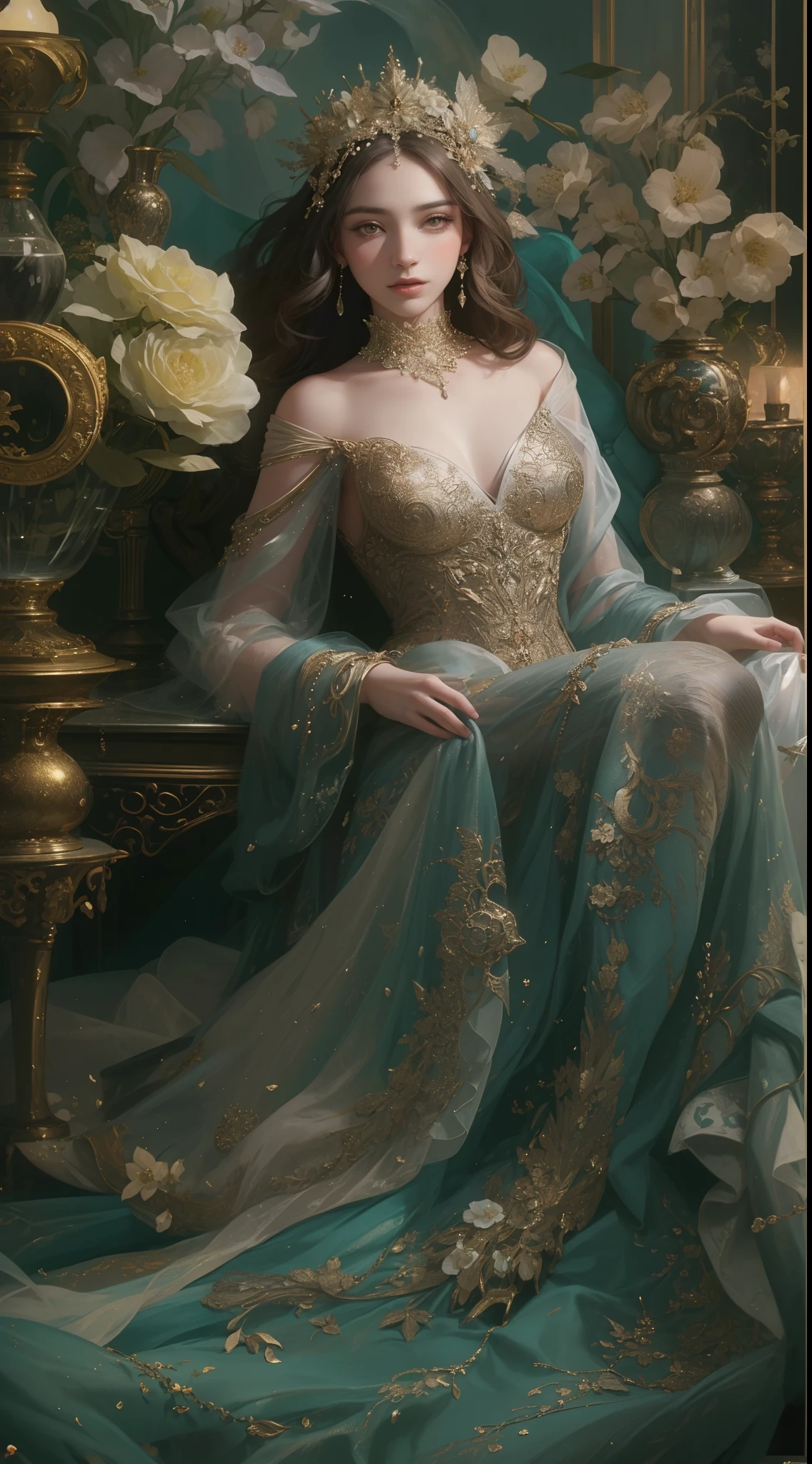 (Best quality,8K,A high resolution,Masterpiece:1.2),Ultra-detailed,(Realistic,Photorealistic,photo-realistic:1.37),Portrait,Creative style artwork,Historical,classical,Sophisticated,plethora of colors,Highly detailed,Soft lighting,luxurious environment,Fairy fluttering dress,Vibrant flowers,detailed jewellery,Ethereal atmosphere,Elegant Pose,Graceful curves,Gold body proportions,Flowing hair,Breathtaking textile patterns,Harsh purple eyes,Delicate floral decoration,A dazzling array of crystal accessories,Mysterious and dreamy atmosphere,Impeccable attention to detail.