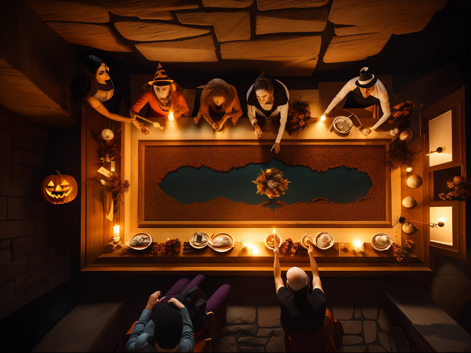 Halloween party, in a panoramic view, multiple persons，celebrating，In the palace of the castle, Overhead shot, Dramatic lighting, abstract expressionism, Metaphysical, expressionistic, Golden ratio,detail, Aesthetic, Octane rendering, Excellent composition, Natural texture, 8k oil, pain, Masterpiece, canon eos r4s 50