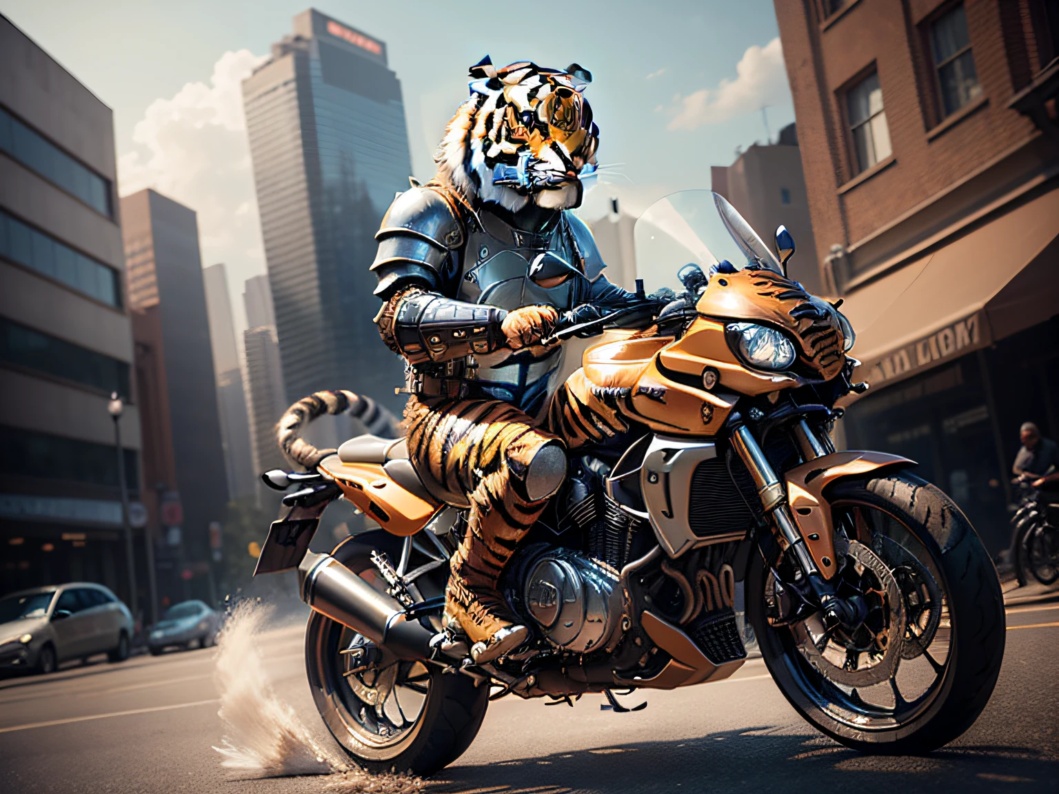 Ultra Realistic Photo, 8K, clear photo,((A tiger riding a motorcycle in a war armor)),Very strong,The background is the city of the future,The atmosphere is magnificent,HD graphics,The picture is complete,full bodyesbian,In steampunk style