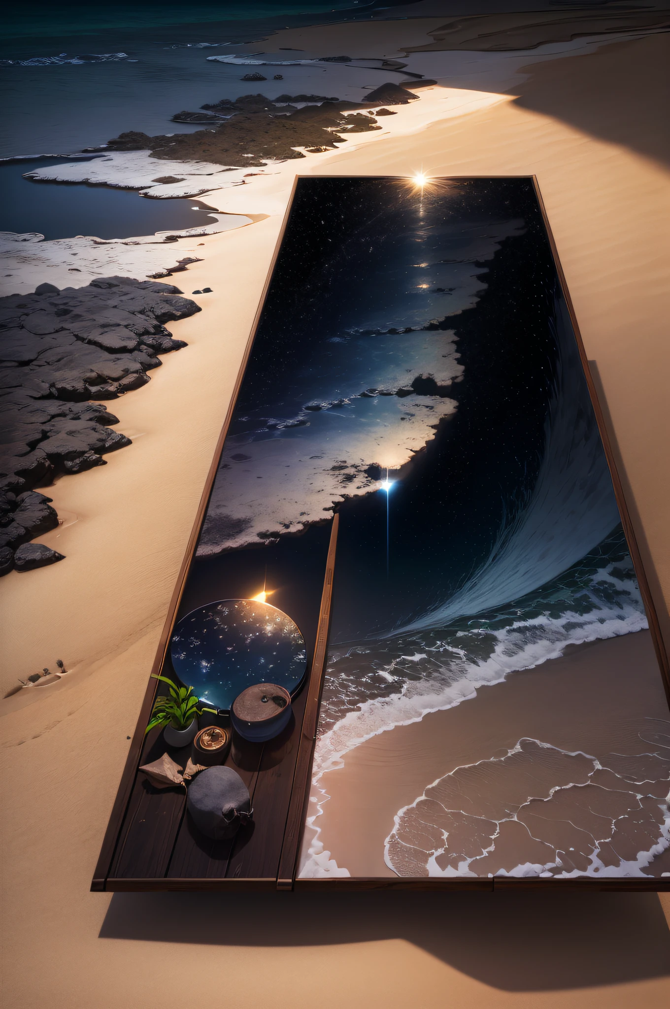 Moonlight over a tropical lagoon, reflected moon shimmers over placid midnight waves, rustic huts on beach, moon in center of frame, masterpiece, uhd, 8k, faint stars coalace in the moonlit midnight sky over still waters, romantic soft lighting permeates the scene