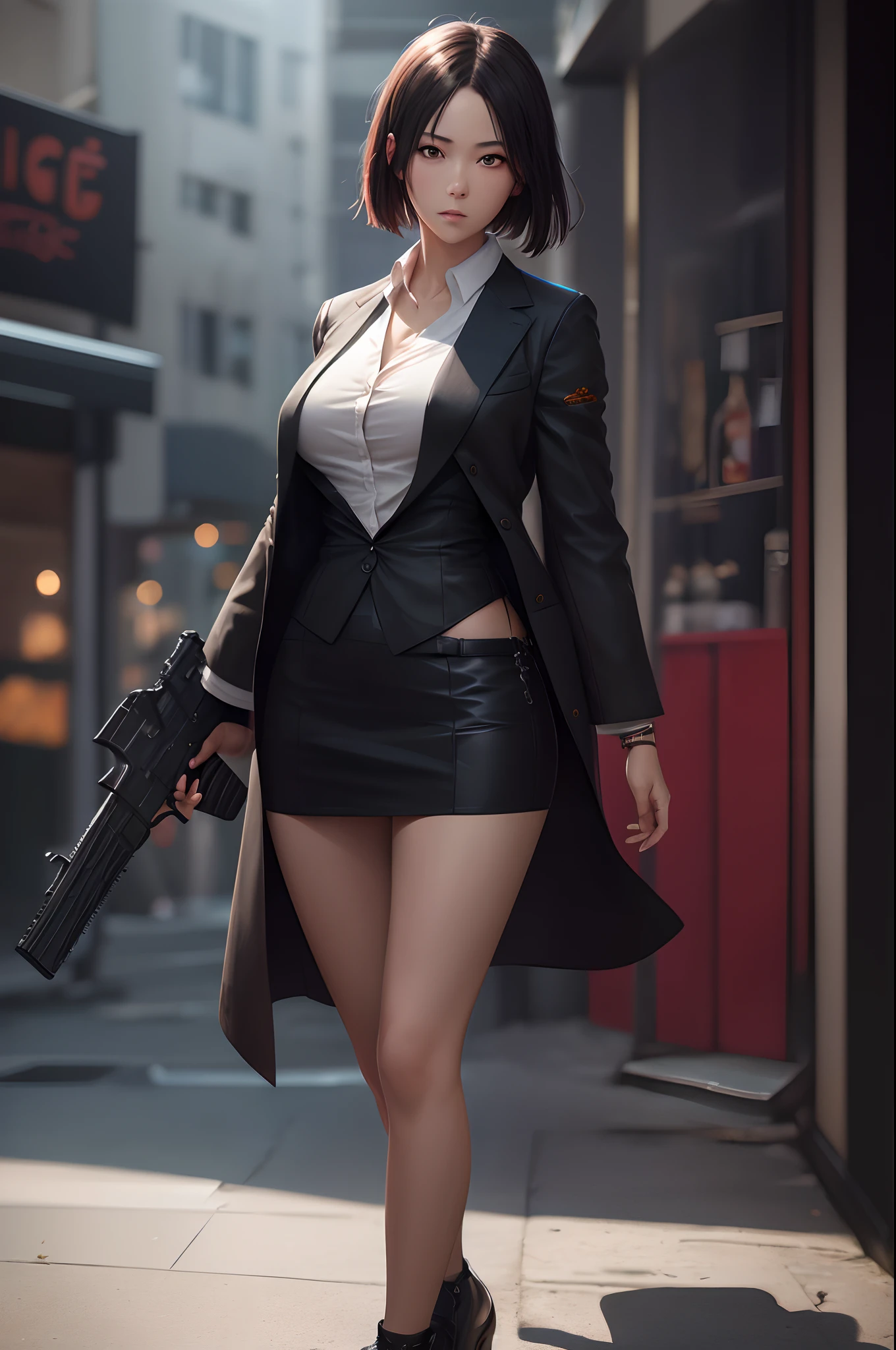 art by katsuya terada, art by range murata, art by akiman, art by JUNNY, Full body shot portrait of cute slender Young Japanese hit girl, Battle Scars, Realistic skin texture, Few moderate moles, wearing a suit, hold a gun, Red Circle nightclub in San Diego, Red and blue cinematic lighting, highly detailed, ray tracing, digital painting, concept art, smooth, sharp focus, illustration, 8k