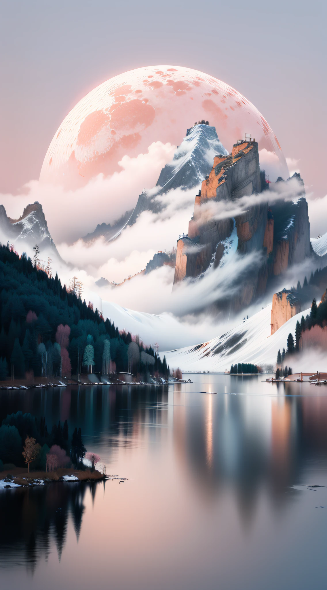 ((Masterpiece)),((Best quality)),((High- sharpness)),((Realistic,)) Chinese landscape ,closeup view,Mist ,Heavy fog,Lakes and waves,tree,snow mountains,Reflection,Minimalism,zen aesthetic,Zen composition,Chinese landscape painting,4K((Masterpiece)),((Best quality)),((High- sharpness)), ((Utra Sharp:1.4)), Clear background ,John Bowson，Backlight,Tyndall effect,A bird, Sparkling lake , Pink octane rendering science fiction, New Moon, Red sky, Gradient background