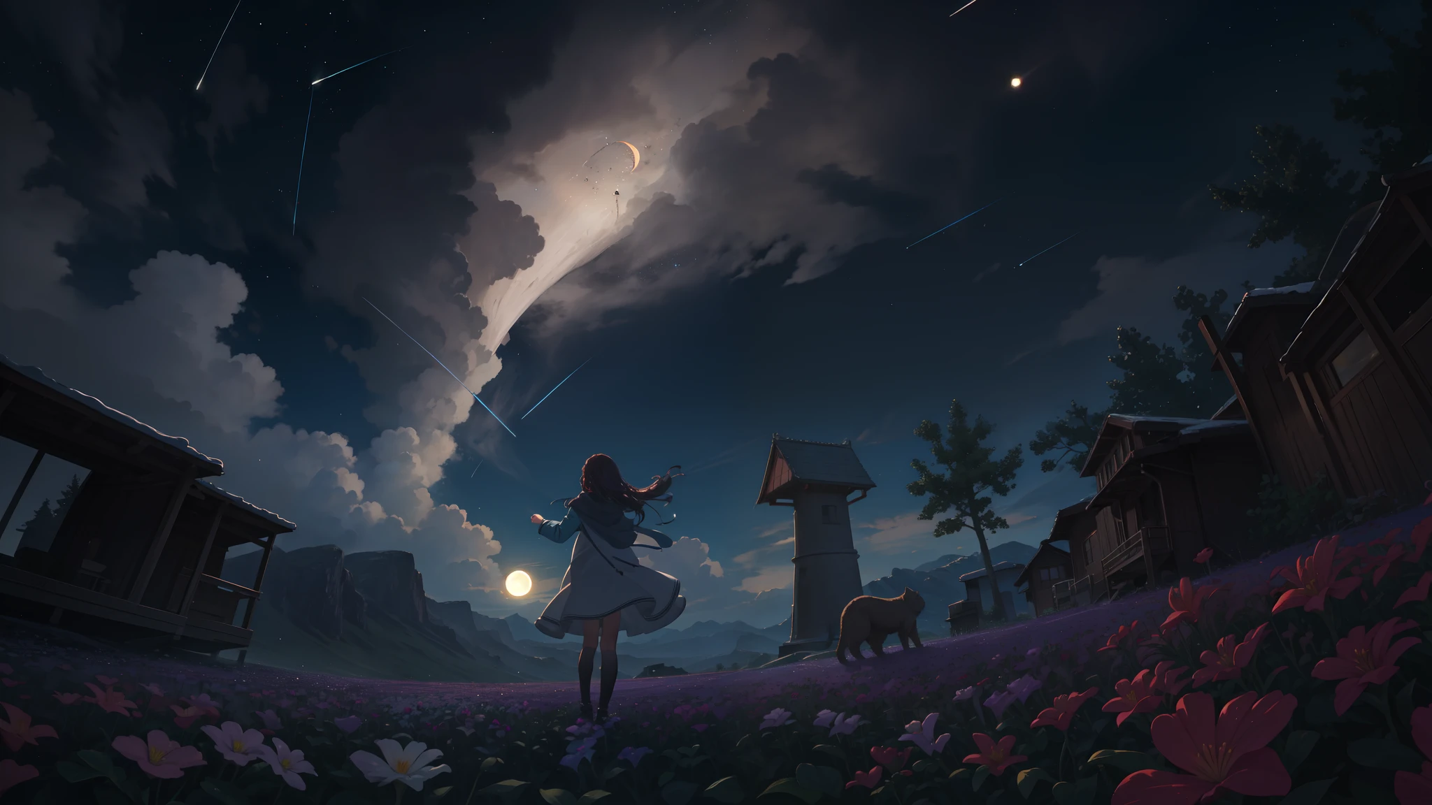 Expansive landscape photograph,(View from below,The sky above and the open fields below),a girl standing on flower field looking up,(moon full:1.2),(meteors:0.9),(Starcloud:1.3),mountain in the distance,Tree BREAK making art,(Warm light source:1.2),(glowworm:1.2),lamp lights,Lots of green and orange,Complicated details,Volumetriclighting,Realism BREAK(tmasterpiece:1.2), (best qualtiy), 4K, ultra-delicate, (dynamic compositions:1.4), highly detailed, Colorful Detailed, ( Irridescent color:1.2), (luminouslighting, Atmospheric lighting), dream magical, Magic, (独奏:1.2)