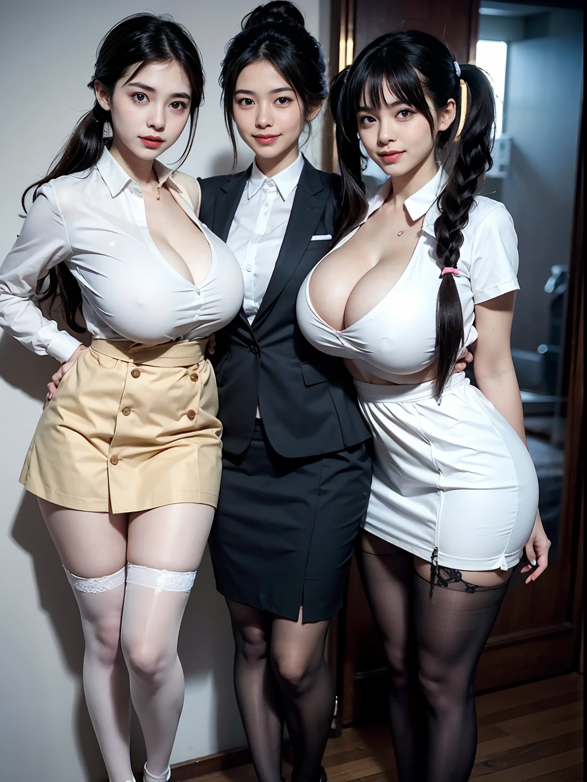 Girls in school uniforms and girls in suits hug each other，Immature face，Cute temperament，Short stature，pigtails，partedbangs，ssmile，super gigantic breasts，Muscles throughout the body，little belly，（plumw，slightly fat big breasts），gigantic hip，fat hips，Huge ass，gigantic hip，The legs are long，beautiful foot