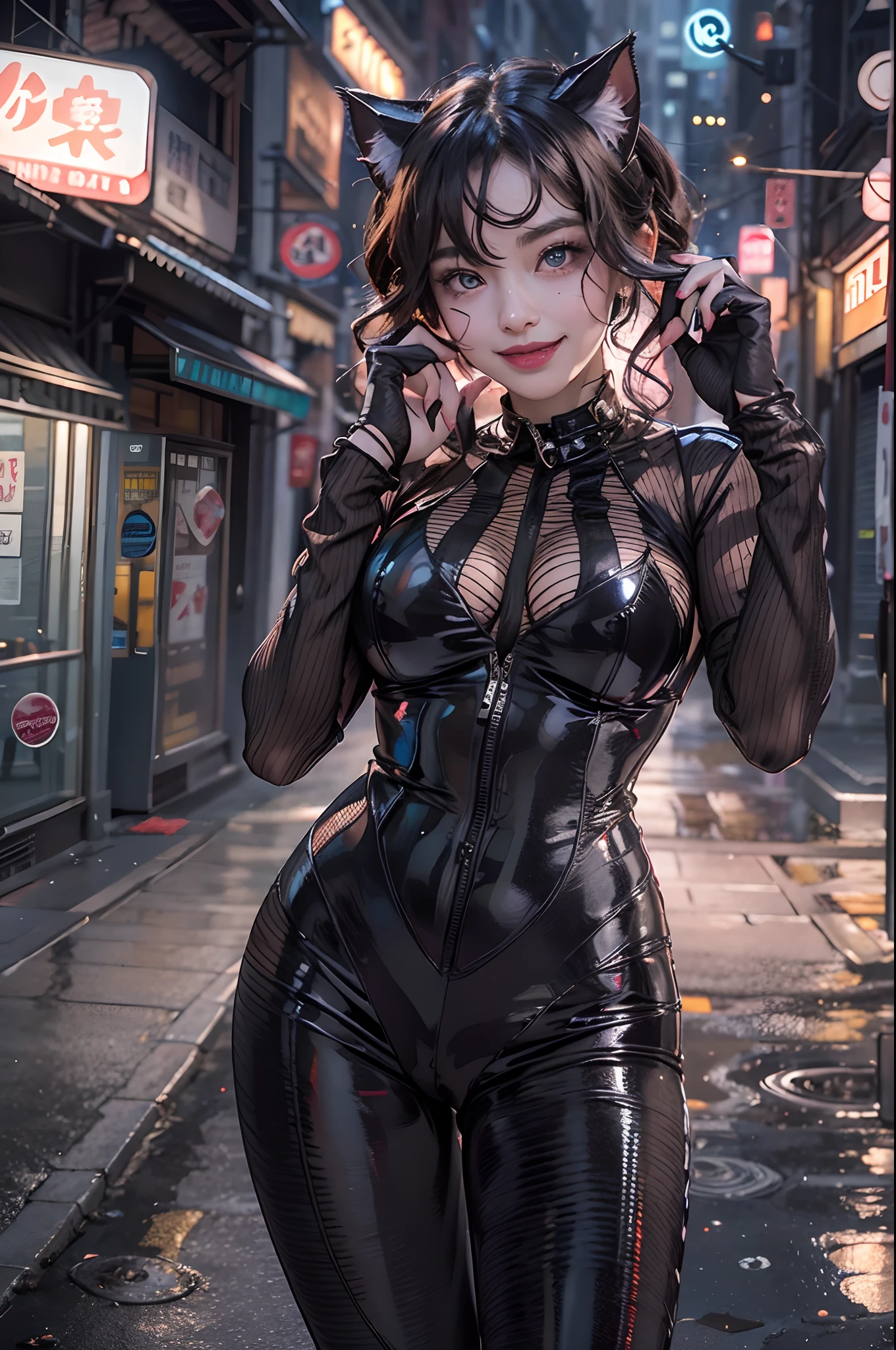 catwoman、infp young woman、kawaii、Back alleys in the city at night、Polished RAW photos、Big eyes、Transparent eyes、　Beautiful makeup、long eyeslashes、A smile、Smile、、Solo Photography、beatiful detailed eyes、vertical stripes　imagem 4k　超A high resolution、Overall view
