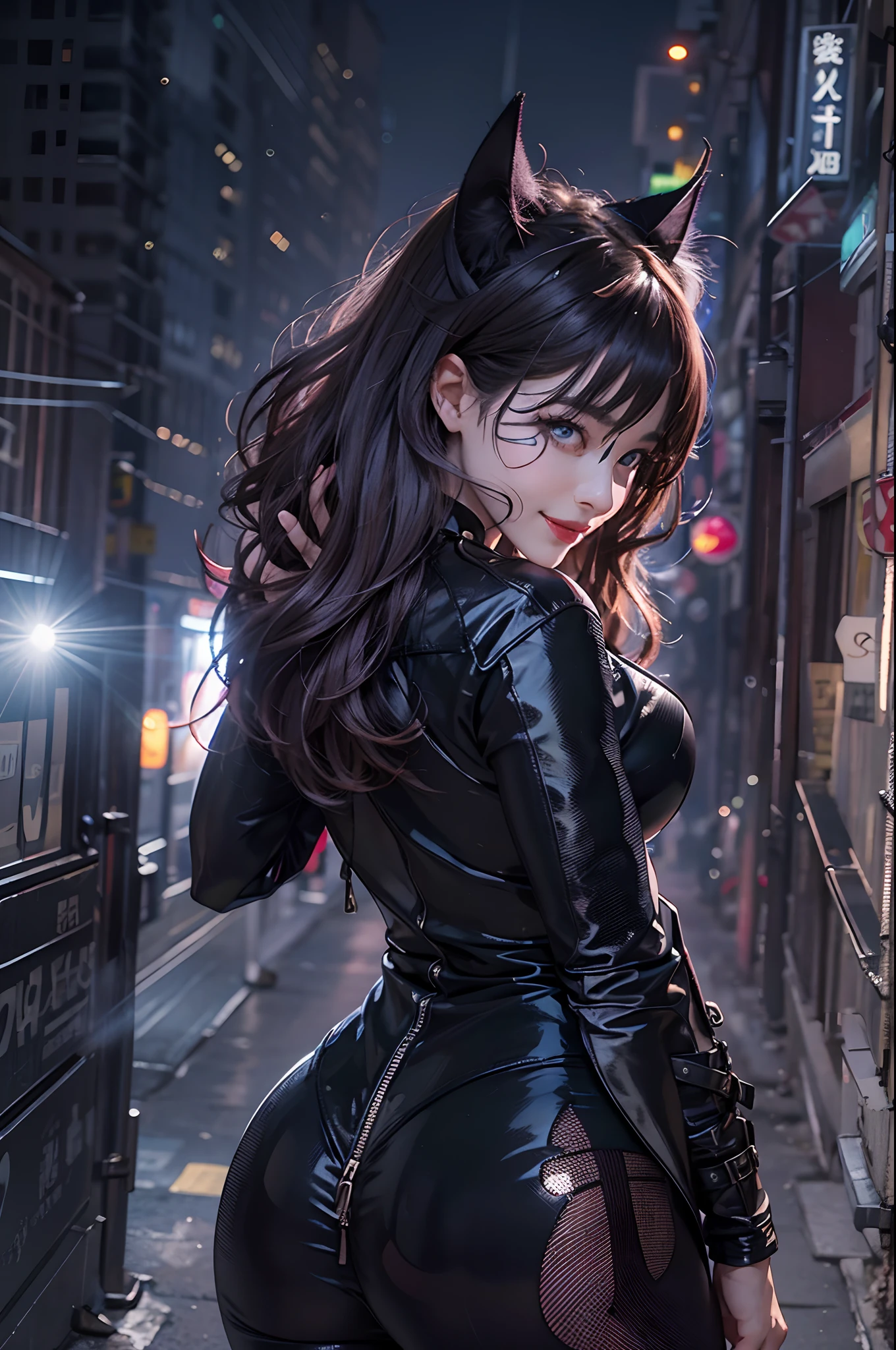 NSFW、One Girl、(20-year-old woman)、Cat ears headband、Shiny tail、Black enamel high leg suit、Ultra-thin suit、Skin is transparent、Cat Pose、Black cat、City、Back alley at night、Green Eyes、Beautiful eyes、Laugh with fangs out、Faces aiming for prey、Looking from above
