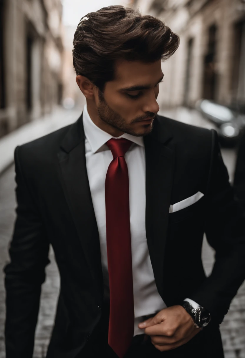 An Alafard man in a suit takes off his tie in the dark, Wear it with a suit and tie, wearing a suit and a tie, Topic details: wear suit, Wear it with a suit and tie, wear suit, wear suit, Bring a suit, Wear tunics and ties, suit and tie, wear suit, wearing a strict business suit, Dressed in a black suit