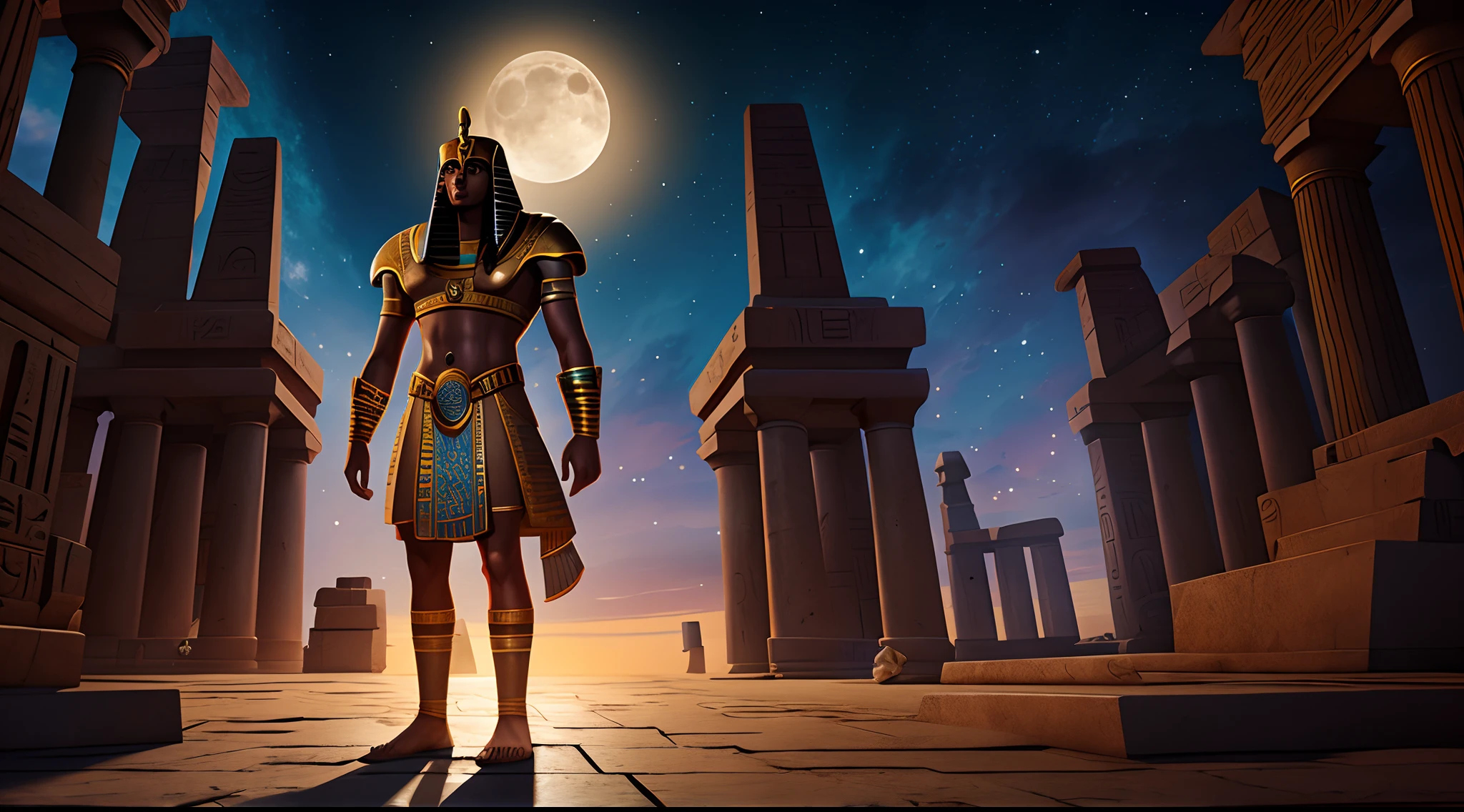 Horus Egyptian God, standing, moonlight, nighttime, digital painting, masterpiece, 4k, unreal engine