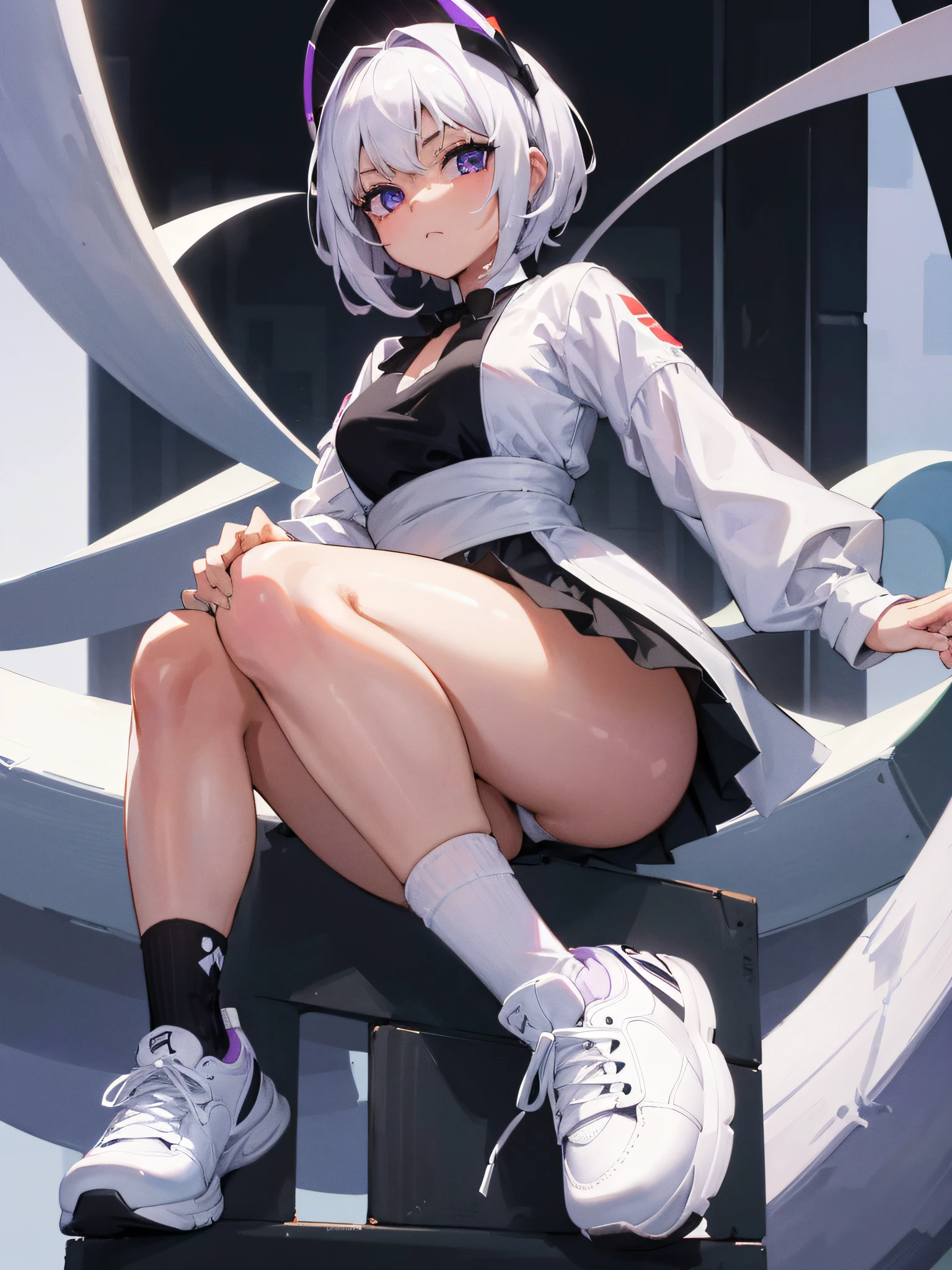 1girl, white eye, medium purple, white dress with black edges, long black sock with white stripes, cool white and black sneakers, urban city, by samdoesarts, absurdres, high res, ultrasharp, 8K, masterpiece, looking at viewer