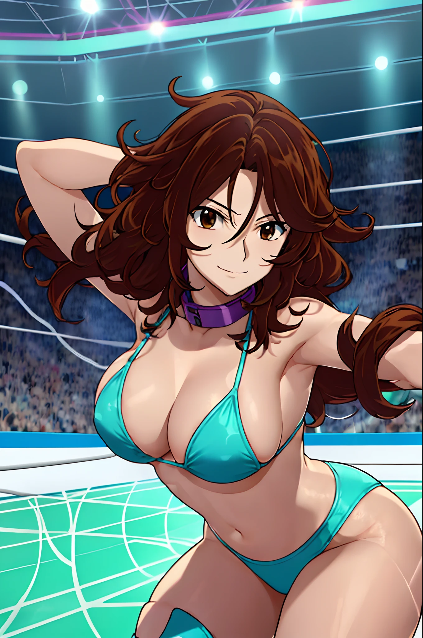 cowboy shot, upper body view only, anime style: 1.8, anime drawing, ultra detailed face, ultra detailed body, 4k, Sumergai Lee Noriega, (standing), best quality, anime style, hires, highest definition, digital blending, bold drawing lines, ((slender body, female wrestler), (location: wrestling arena, crowds watching), (slender body, off-shoulders), mature woman, ((wrestling gear: blue micro bikini, boots, gloves, collar band, random colors)), victorious, winner, (smile, closed mouth), (big breasts), (big eyes, brown eyes), (warming up, underarm), (tilt head, loose hair, curly hair, wavy hair, long hair, missy hair), 27 years old,