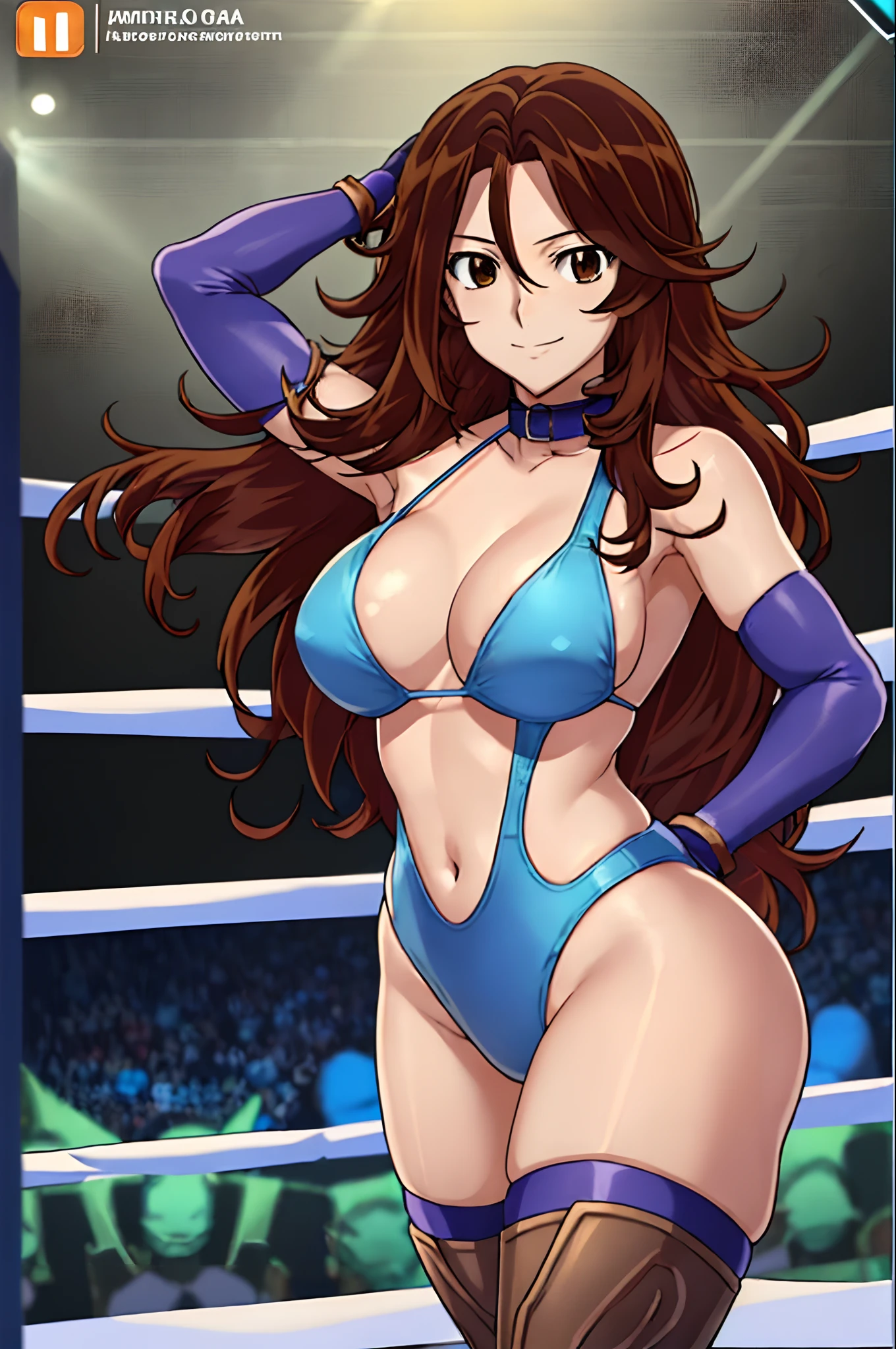 cowboy shot, upper body view only, anime style: 1.8, anime drawing, ultra detailed face, ultra detailed body, 4k, Sumergai Lee Noriega, (standing), best quality, anime style, hires, highest definition, digital blending, bold drawing lines, ((slender body, female wrestler), (location: wrestling arena, crowds watching), (slender body, off-shoulders), mature woman, ((wrestling gear: blue micro bikini, boots, gloves, collar band, random colors)), victorious, winner, (smile, closed mouth), (big breasts), (big eyes, brown eyes), (warming up, cable underarm), (tilt head, loose hair, curly hair, wavy hair, long hair, missy hair), 27 years old,