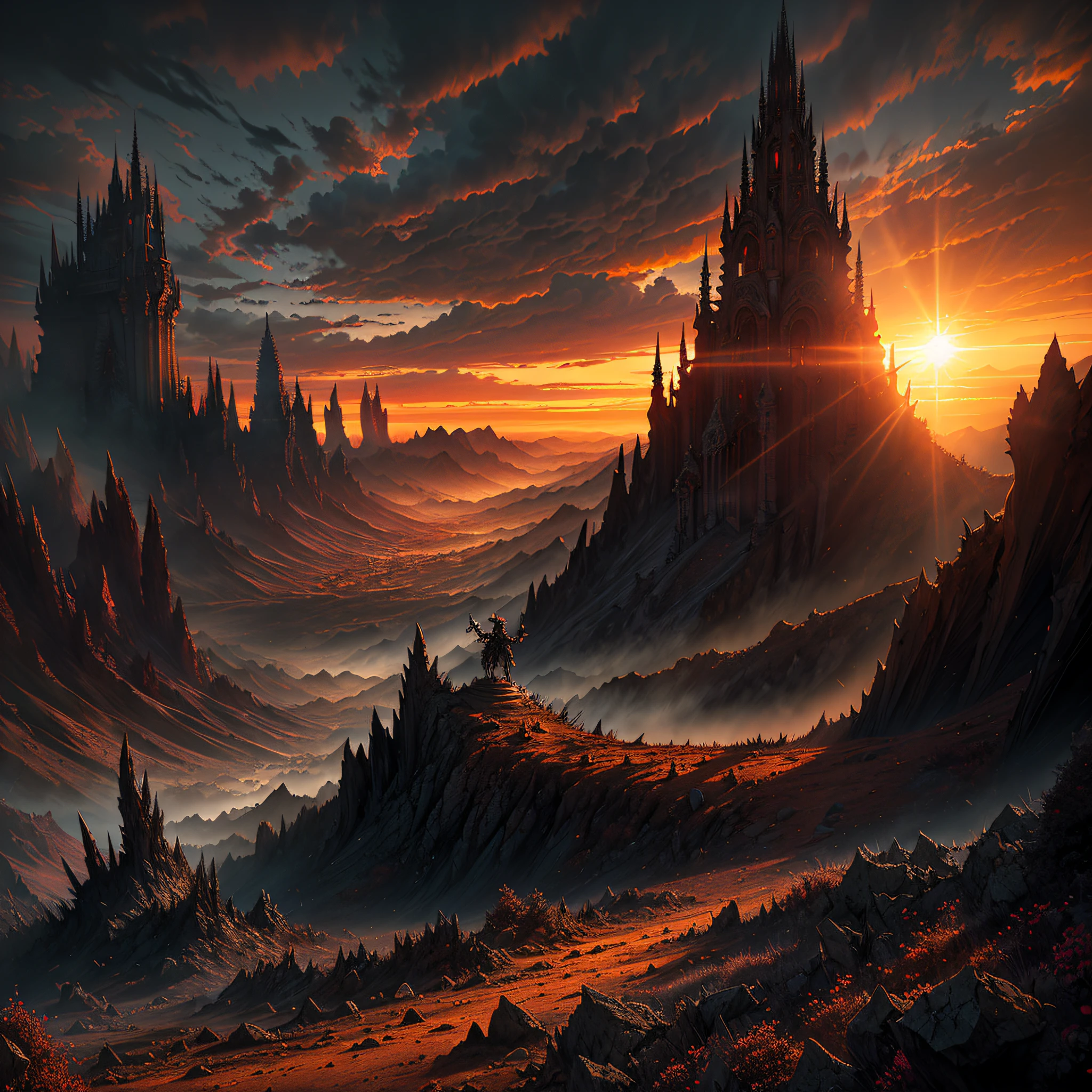 Hellish landscape, imagination, (realisticlying), Demonic, Clear sky, Devilish, synthetic, Sun sunset, (hdr:1.5), exteriors, intricately details,epic sense，The scene is grand