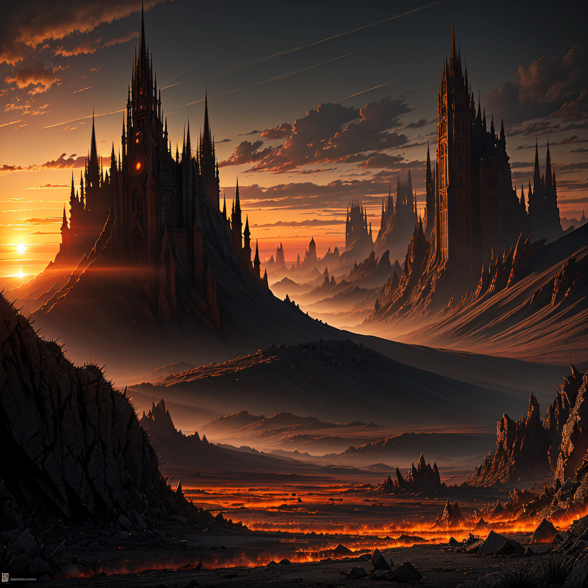 Hellish landscape, imagination, (realisticlying), Demonic, Clear sky, Devilish, synthetic, Sun sunset, (hdr:1.5), exteriors, intricately details,epic sense,The scene is grand