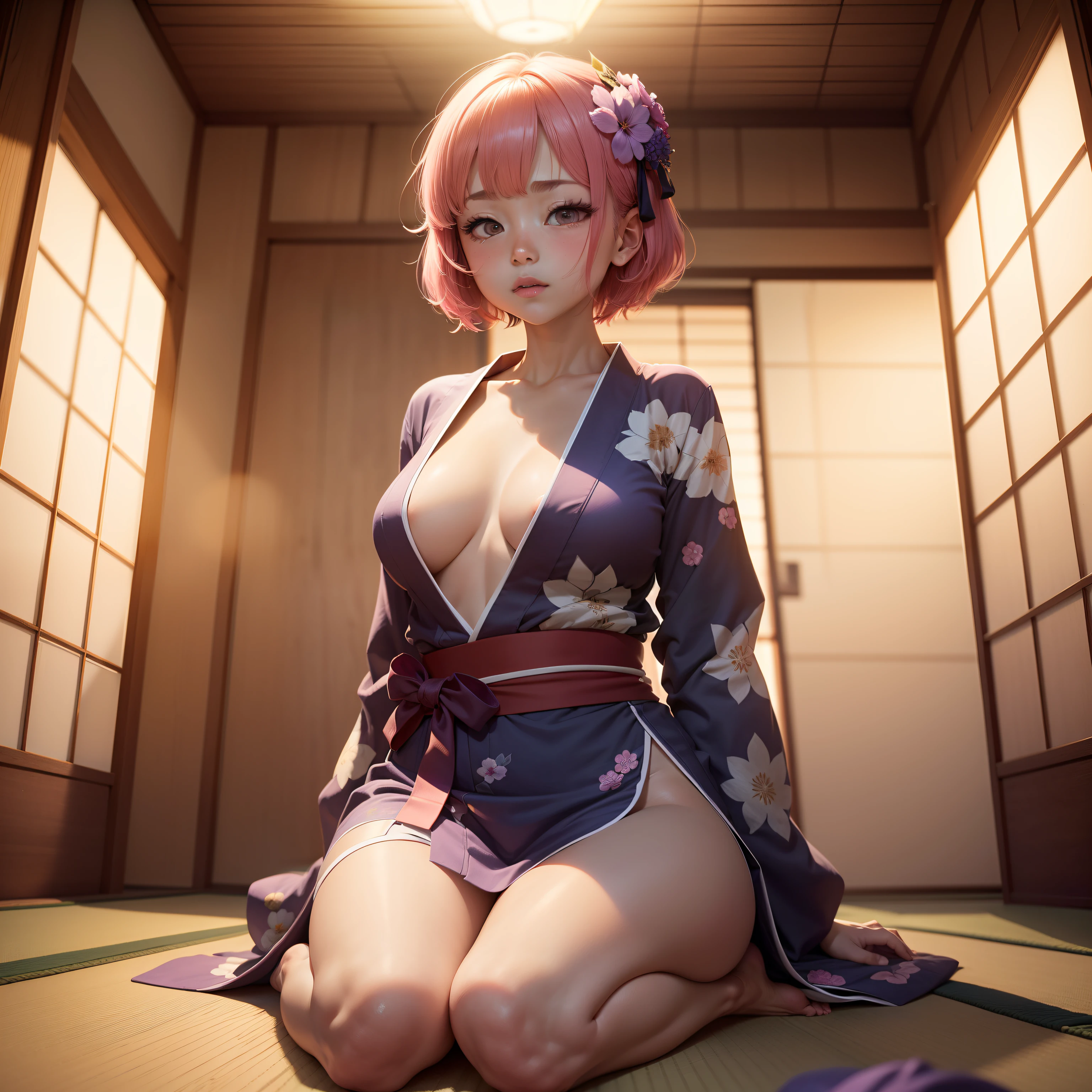 Japanese-style room in the Japan, momohd, phmomo, Solo, 1girl in,  Pink hair, Purple eyes, Short hair, Hair Flower, Naked and upwards, Big eyes, embarrassed,Sleep on tatami mats,bare-legged,Happy,Chest exposed,Crotch exposed,A yukata is falling on the tatami mats