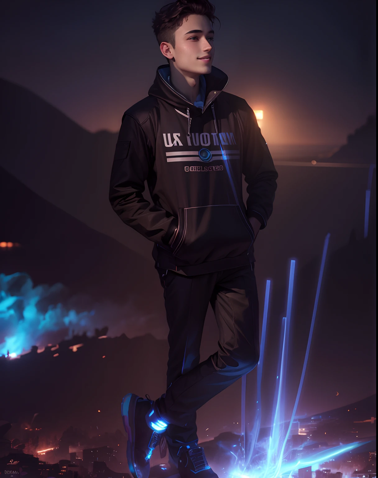 Ultra 8k HD dark light background,with handsome and smiling face 17 yo boy face and hair lighting full HD