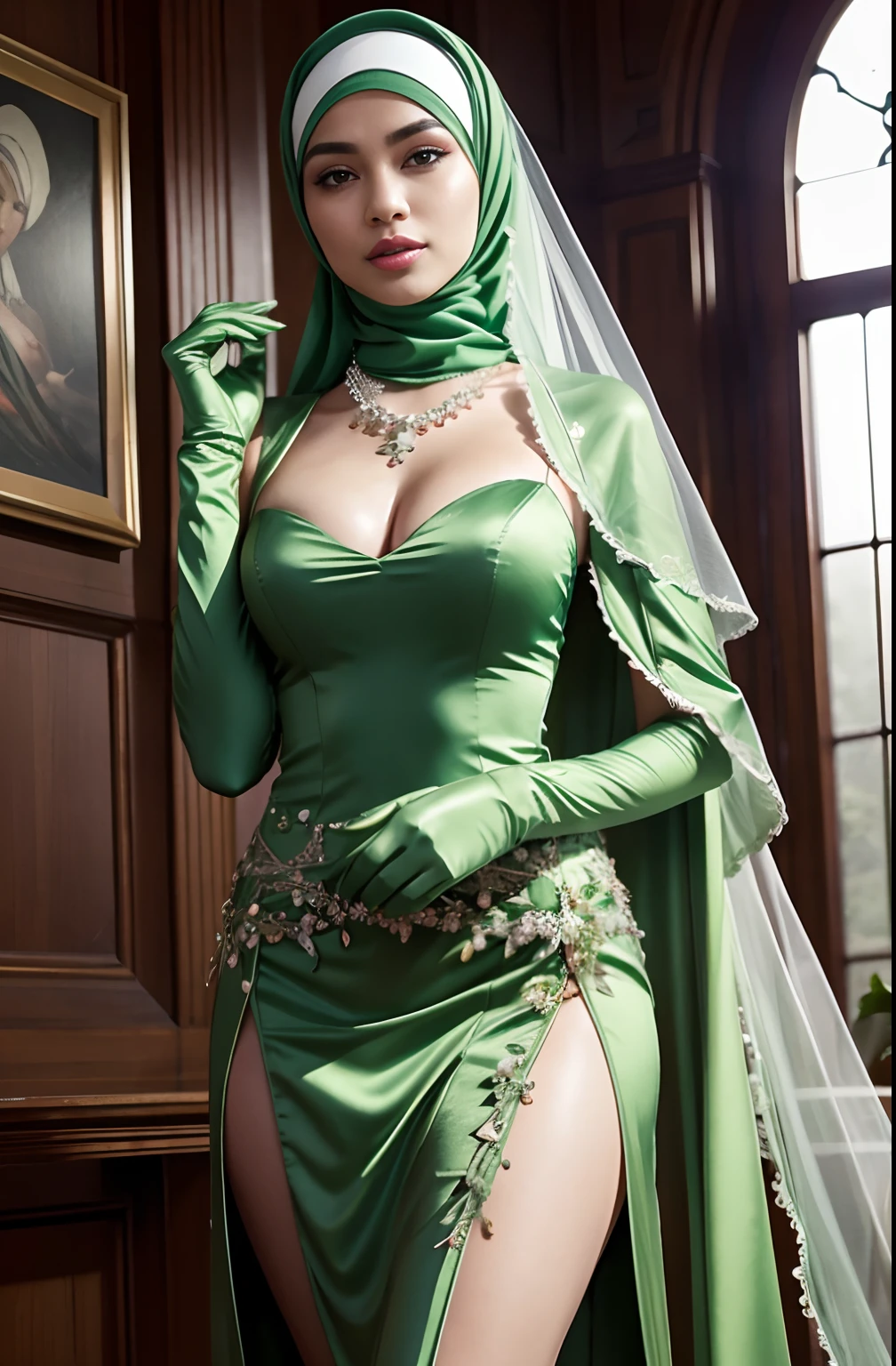 RAW, Best quality, high resolution, masterpiece: 1.3), Beautiful Malay woman in hijab, Masterpiece, perfect slim body, (Big breasts), Green Dress Flower Cleanser,Sense of atmosphere, best qualtiy,tmasterpiece,30-years old,Green dress,Daytime Church,full body Esbian, Green gloves,With short black hair,big breasts beautiful,looking at viewert,ssmile,Green Bridal Veil,Green Long Grove,Satin green long gloves, lipsticks, Green Pearl Necklace、Green gloves
