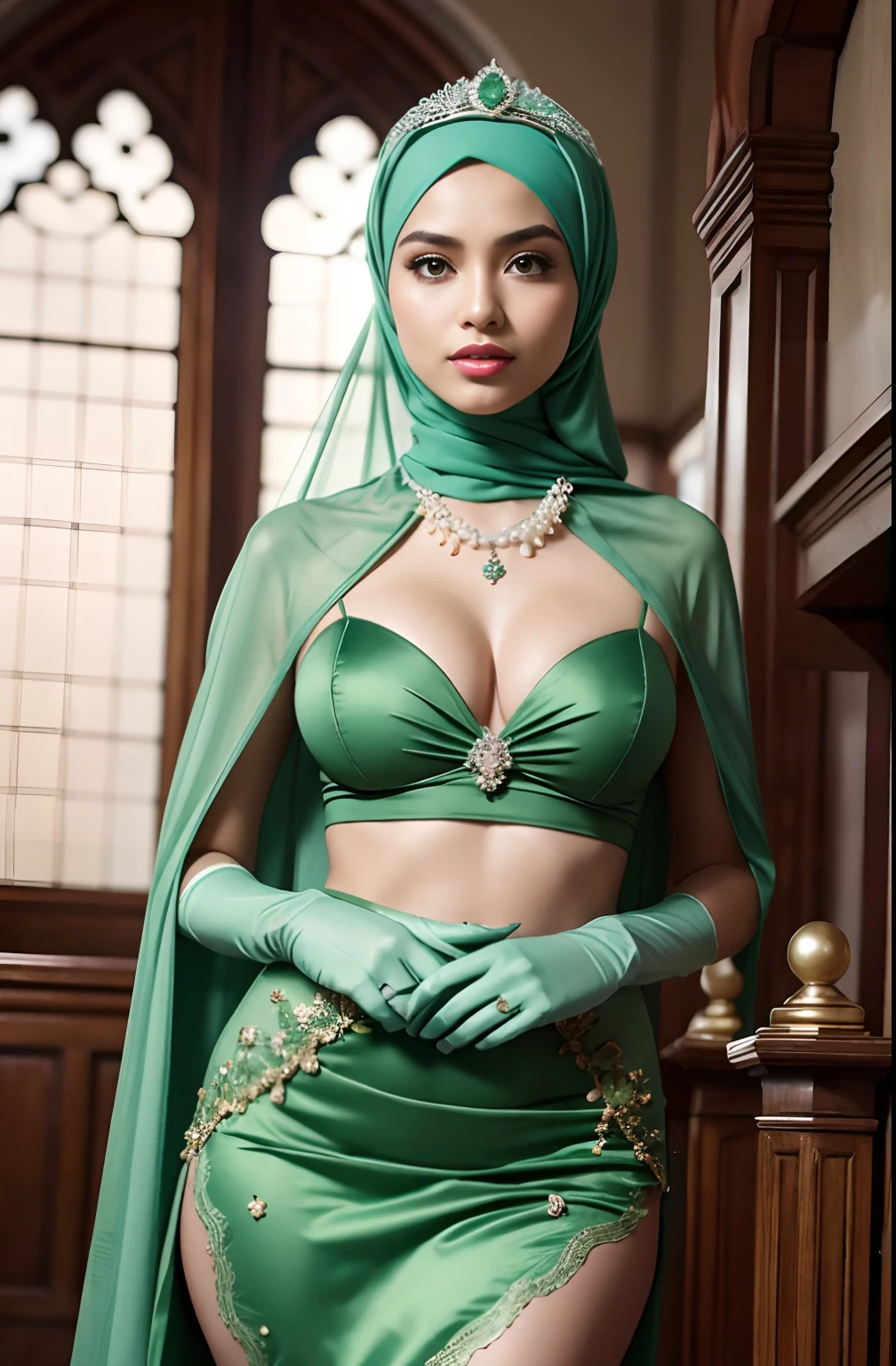 RAW, Best quality, high resolution, masterpiece: 1.3), Beautiful Malay woman in hijab, Masterpiece, perfect slim body, (Big breasts), Green Dress Flower Cleanser,Sense of atmosphere, best qualtiy,tmasterpiece,30-years old,Green dress,Daytime Church,full body Esbian, Green gloves,big breasts beautiful,looking at viewert,ssmile,Green Bridal Veil,Green Long Grove,Satin green long gloves, lipsticks, Green Pearl Necklace、Green gloves