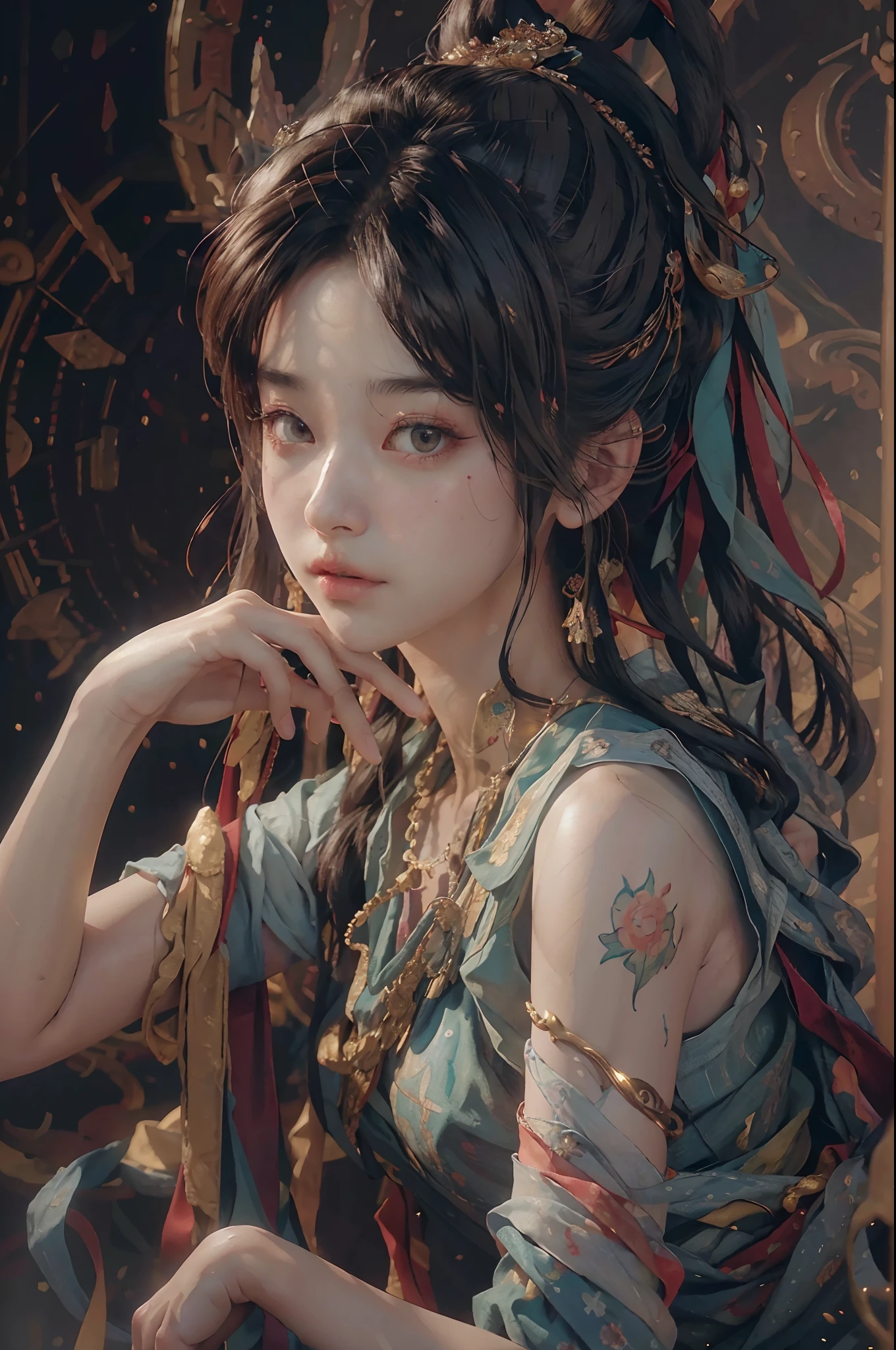 (RAW photo, best quality), (realistic, photo-realistic:1.3),best quality,highly detailed,masterpiece,ultra-detailed,illustration,1girl,upper_body,dynamic angle,world masterpiece theater,messy_long_hair,best quality,extremely detailed CG unity 8k wallpaper,ink,Amazing,cinematic lighting,lens_flare, dunhuang_style