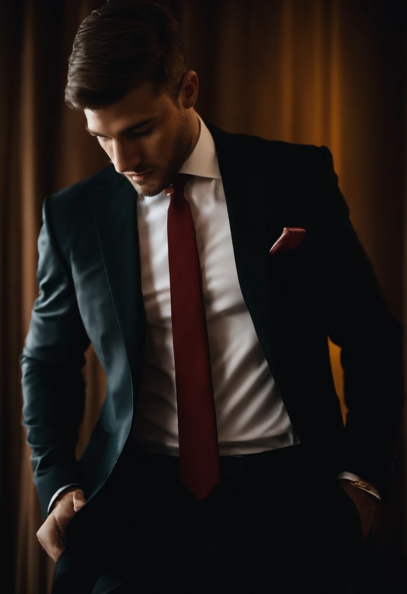 An Alphad man in a suit takes off his tie in the dark, Wear yours with a suit and tie, wearing a suit and a tie, subject detail: wear suit, Wear yours with a suit and tie, wear suit, wear suit, Bring a suit, Wear tunics and ties, Suit and tie, wear suit, wearing a strict business suit, Dressed in a black suit