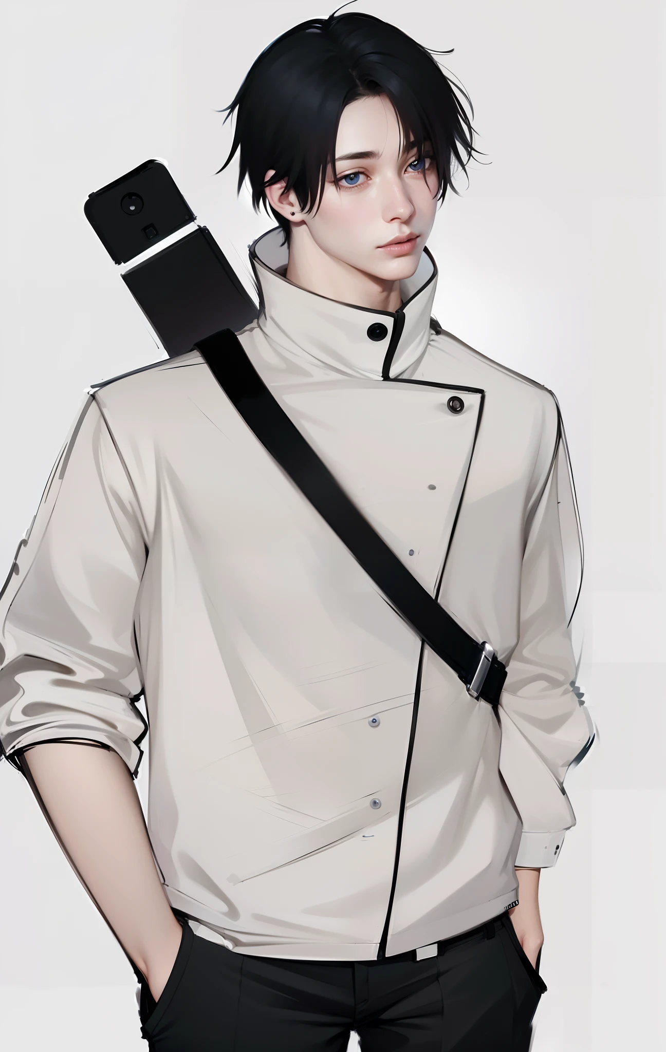 masculine male, masterpiece, ((perfect eyes)) best quality, (semirealism:1.9), beautiful lighting, (extremely detailed CG unity 4k fhd wallpaper), High Detail, Sharp focus, dramatic outdoors, 1 boy ,19 years old, white hair, light purpel eyes, smile.