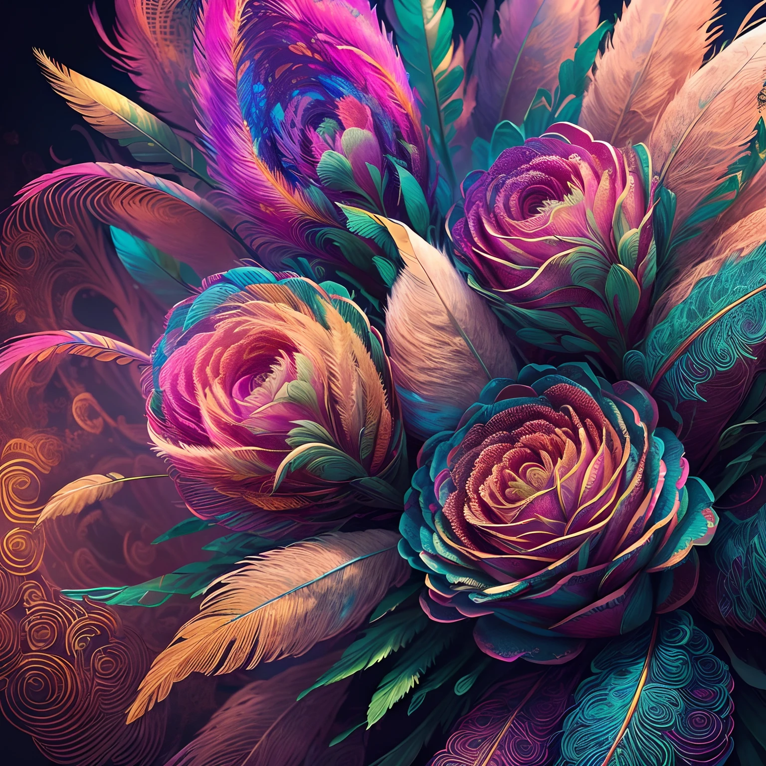 Riff Style 2 (masutepiece, top-quality, Best Quality, Official art, Plants and bird feathers, Beautiful and aesthetic:1.2), (roses,Pampas grass:1.3), Extremely detailed,(Fractal Art:1.1),(Colorful:1.1)(Flowers:1.3),highest details,(Zentangle Art:1.2), (Dynamic depiction), (Abstract background:1.3), (Many colors:1.4),  (Feathers:1.5)