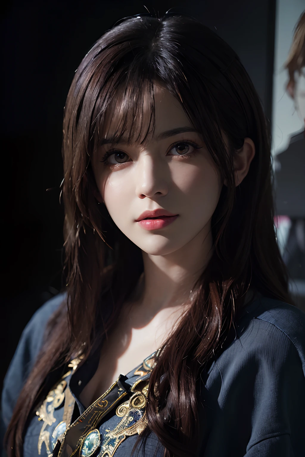 (((Purple Eyes)))、(masterpiece, Highest quality, photoRealistic, High resolution, photograph, :1.3), Extremely close up shot, Sharp focus, 30 year old mature woman、Hot Model, Highly detailed eyes and pupils, Realistic skin, Slim figure, Cleavage, Long Hair、Dark brown hair、 Delicate and sexy face, Sensual Gaze, Glossy Lips, ((Wearing a navy suit))、((Realistic, super Realistic, realism, Realistic detail))、Gray background