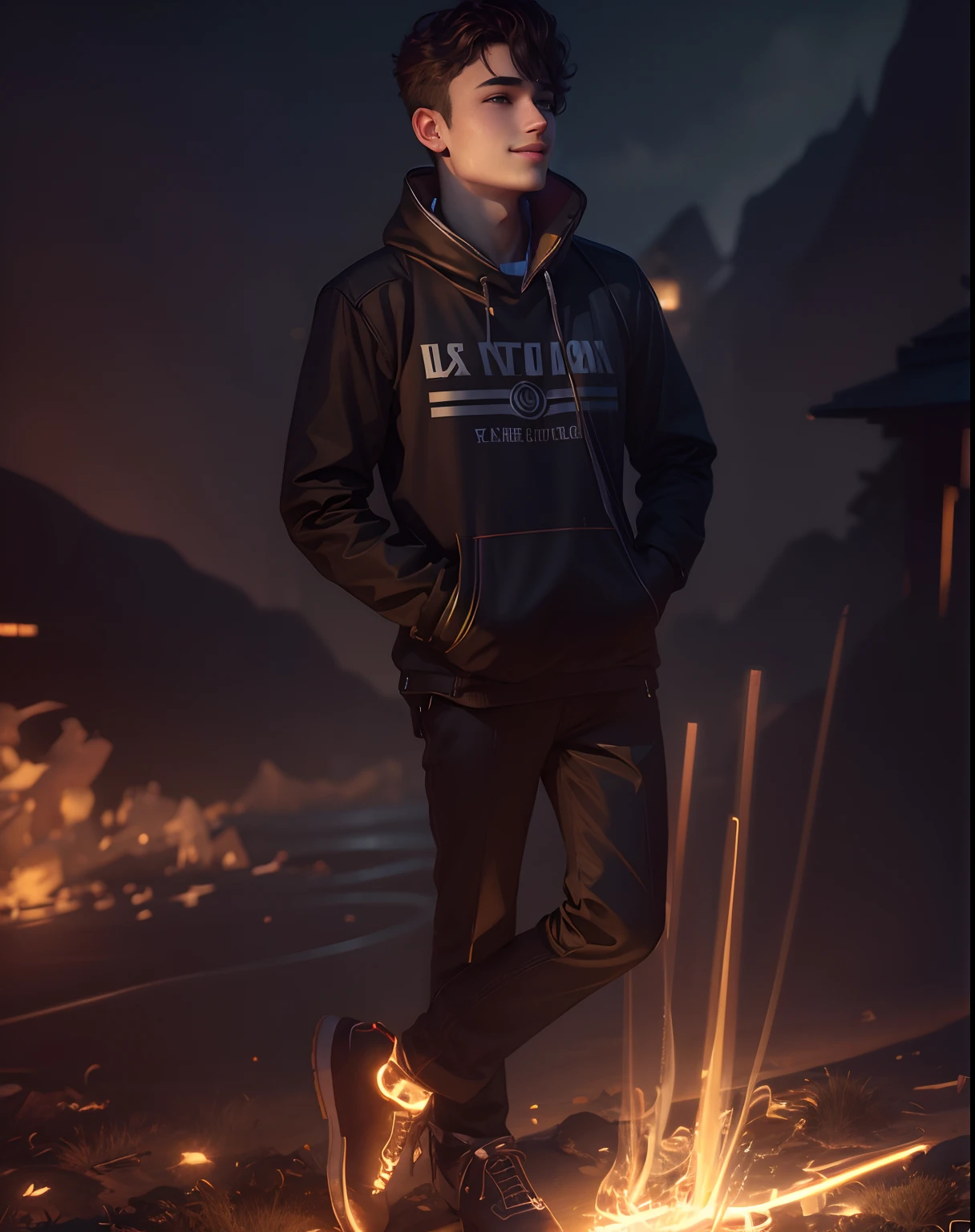 Ultra 8k HD dark light background,with handsome and smiling face 17 yo boy face and hair lighting full HD