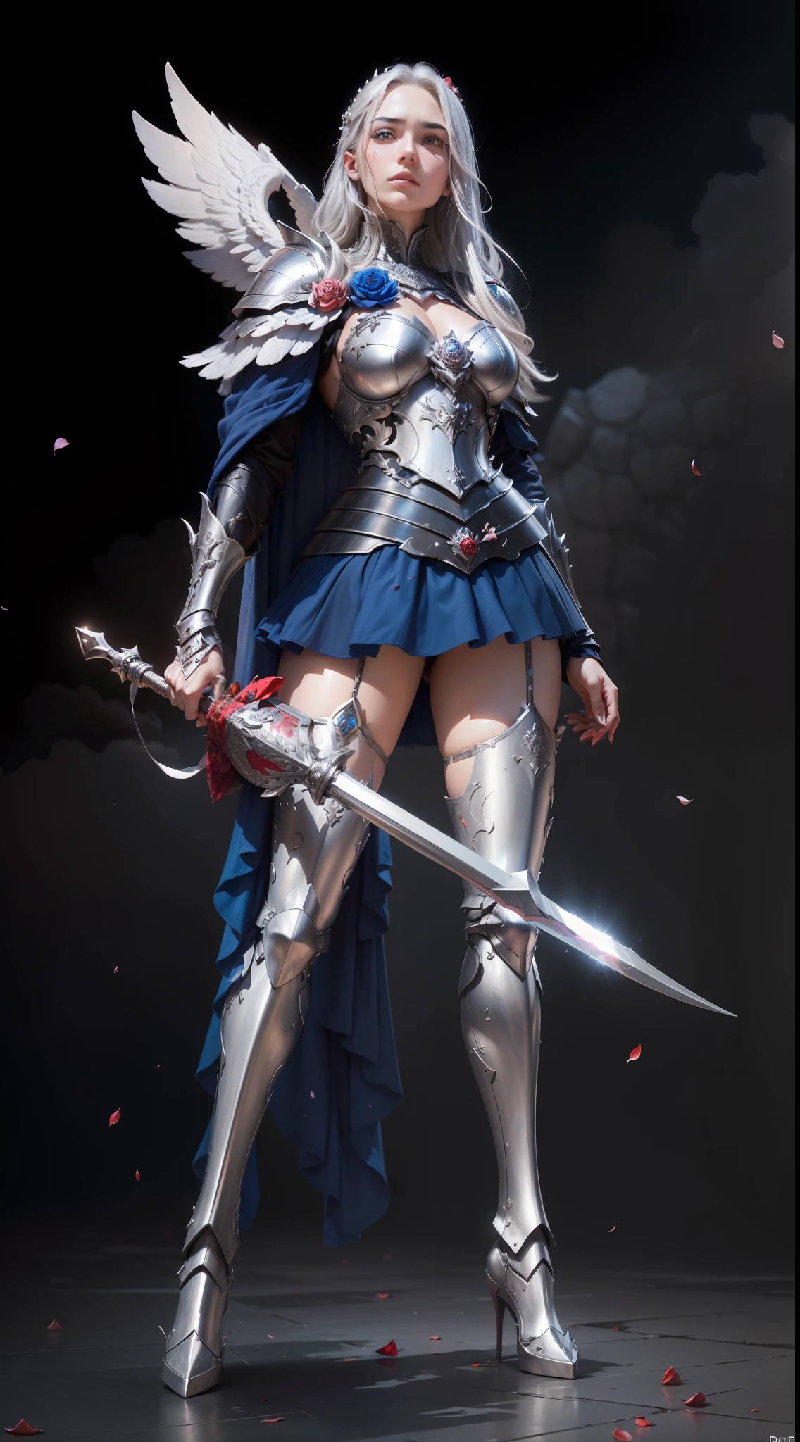 ((Armed with an oversized and heavy scepter)), (Picturesque heavy silver armor), Extra thick helmet,There are small wings on both sides, (Wrap around the whole body), ((Red cover)), ((Beautiful six-winged battle angel woman)), pretty face, ((half turtle)), ((grieves)), (Thick clouds at his feet))), (((Rose petals on the rise))), stereoscopic perspective, Works of masters, (((detail in face)), ultradetailed, 16K resolution, high high quality, Cinema lighting, High image detail, Dynamic perspective, (depth of fields), A detailed, Epic shots