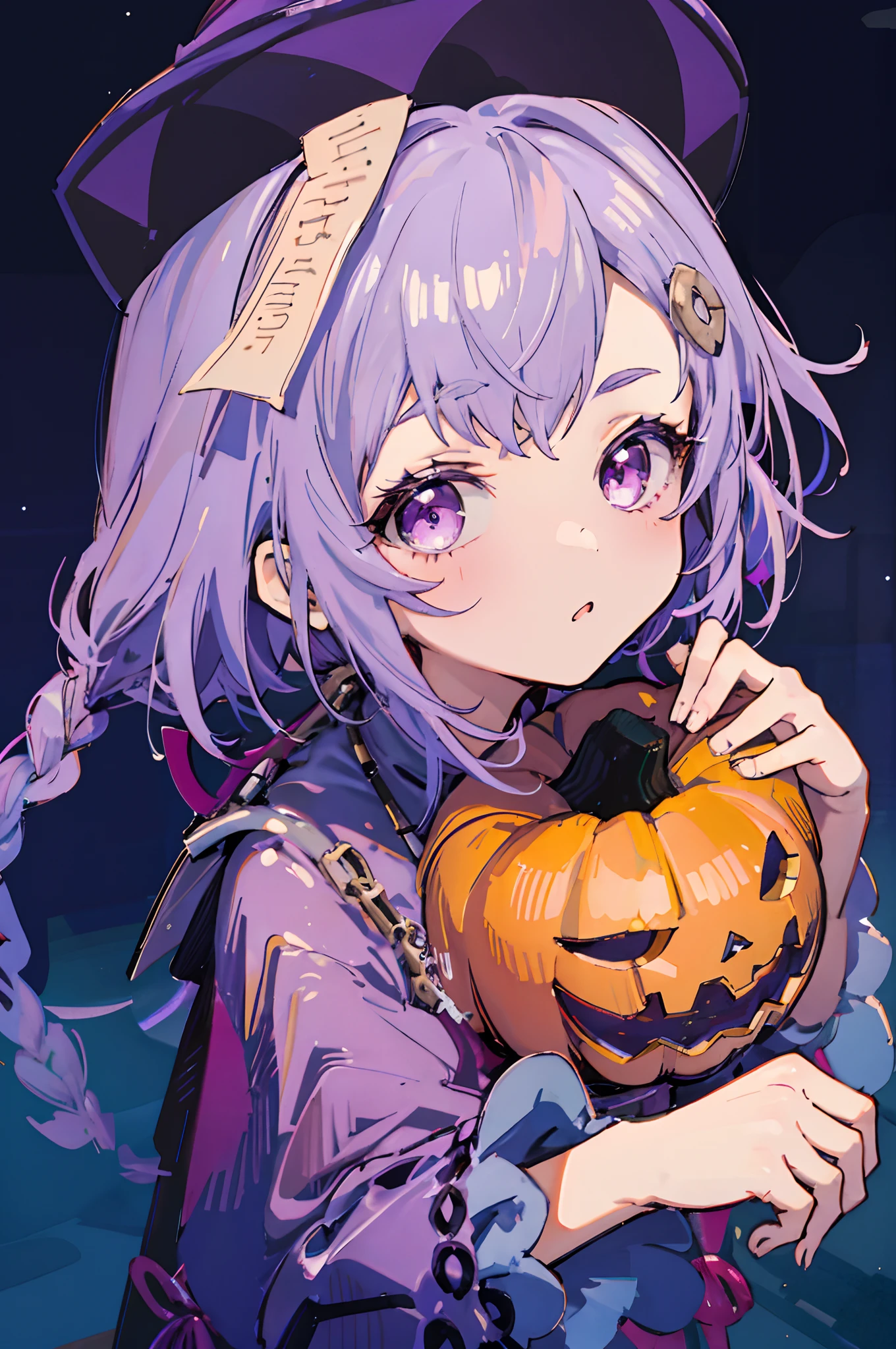 1  girl, chibi, light purple hair, dark purple hat, magenta eyes, purple and blue outfit, halloween, pumpkins, ((portrait face closeup))