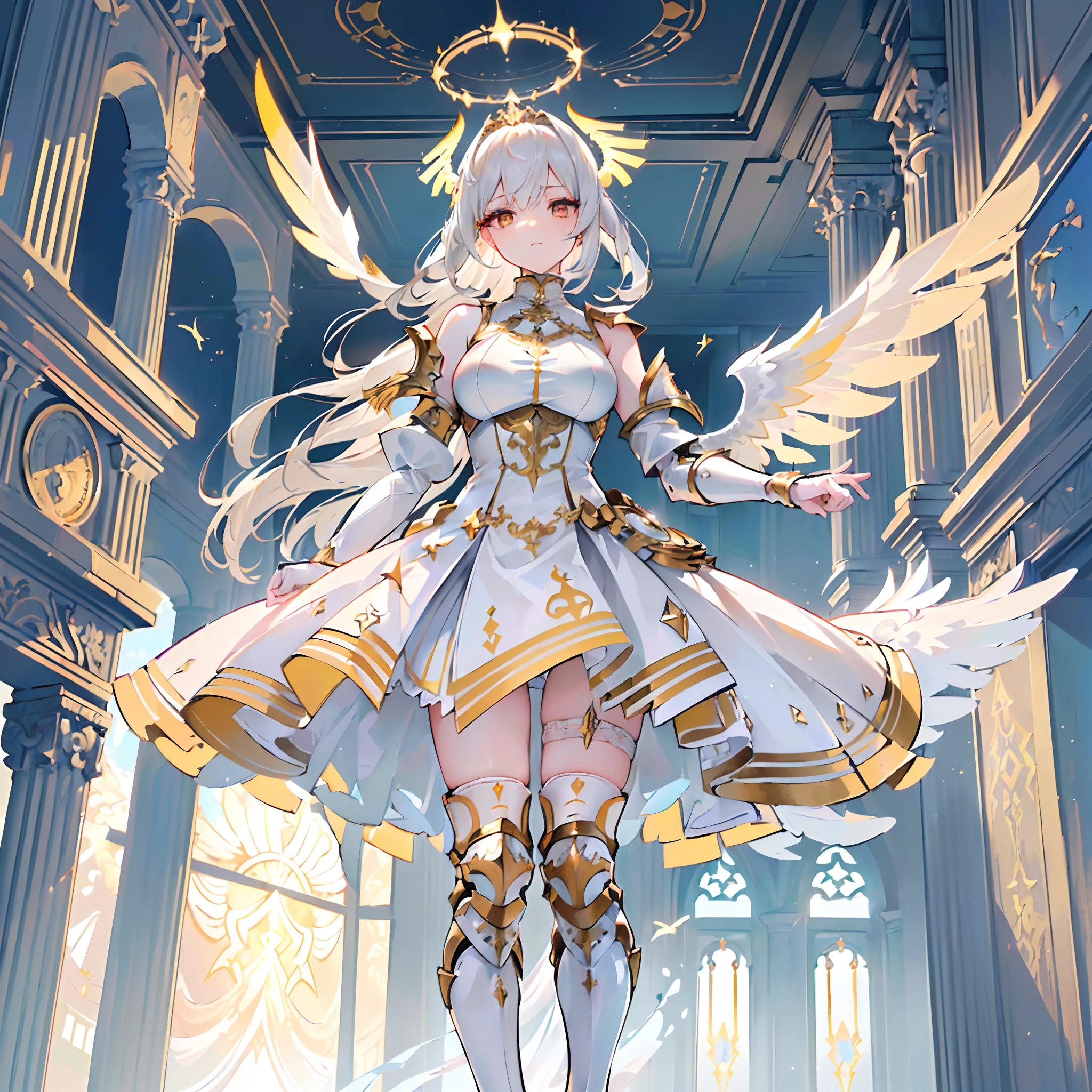 (8K, Best quality, tmasterpiece:1.2),\(eye detailed\),\(Facial features\),(\(Clothes detail details\)\),(Medium breasts),full bodyesbian,(Facial focus) ,Very detailed CG unity 8K wallpaper,hugefilesize,ultra - detailed,A high resolution,absurderes,beautidful eyes,Ray traching,dramatic shadow,finely detailled,Dramatic angles,Hyper-detailing,(1 girl:1.3),(Solo),Tall girl,Platinum blonde hair,long hair,Orange-red eyes,high detailed pupils,(A yellow halo hanging overhead:1.3)+(//There is a pair of huge angel wings on the back，The shape of the wings resembles the wings of a swan：1.3//)+(High detail wings),(white dresses，golden trim，skirt pleated：1.4)+(Platinum shoulder and knee pads,White stockings:1.3)+(Valkyrie in heaven:1.3),High heels,(standing on white cloud:1.2)+(White Paradise,A building full of classical design:1.3)+[(Inception:1.2)]