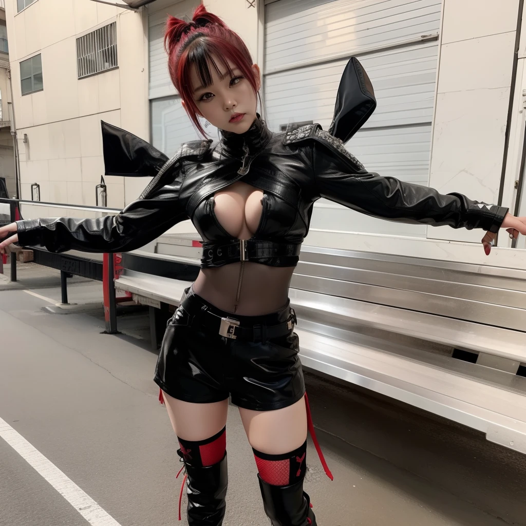 Provocative face、Female Ninja in Punk Fashion、large full breasts、beautiful foot、、Black Ninja Tops、Good Style、long boots、leather jackets、Shorts、Red mesh、knee sox、Red muffler