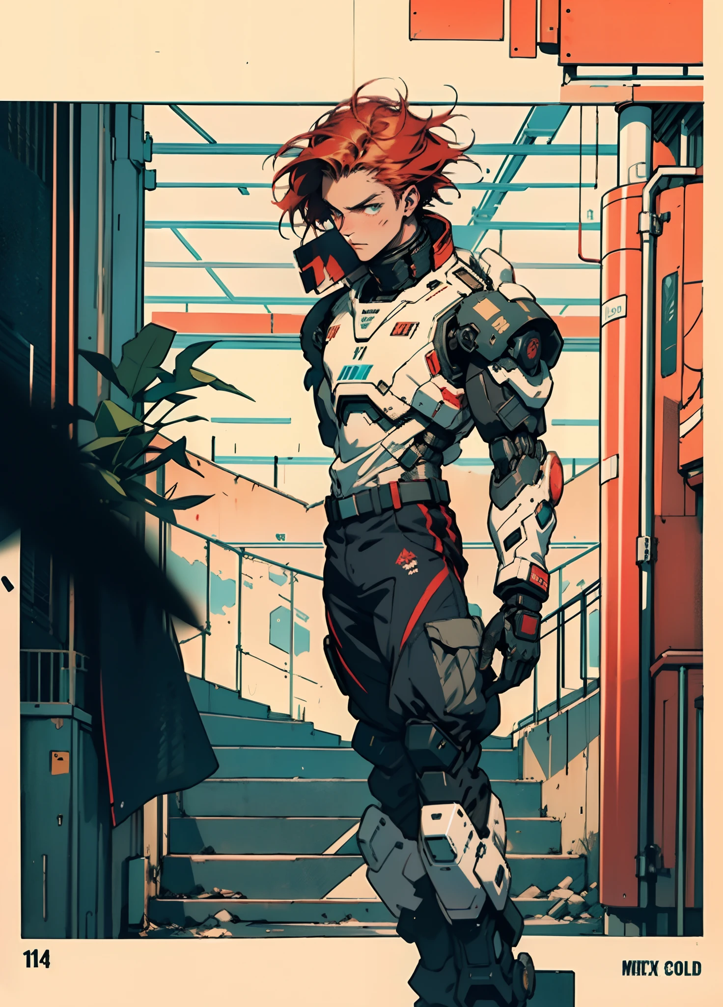 A man with short red-gold hair, hair slicked back, thick and disheveled hair, a cold and ruthless gaze, a confident expression, wears a two-piece futuristic military-style uniform, primarily in shades of white and red, accented by touches of yellow, streamlined wristguard gloves, matching trousers, he stands in a futuristic sci-fi-style hangar housing a colossal mech, stands within a futuristic sci-fi hangar, where a colossal mech is stationed, this character embodies a finely crafted futuristic military officer in anime style, characterized by an exquisite and mature manga illustration art style, high definition, best quality, highres, ultra-detailed, ultra-fine painting, extremely delicate, professional, anatomically correct, symmetrical face, extremely detailed eyes and face, high quality eyes, creativity, RAW photo, UHD, 8k, Natural light, cinematic lighting, masterpiece:1.5